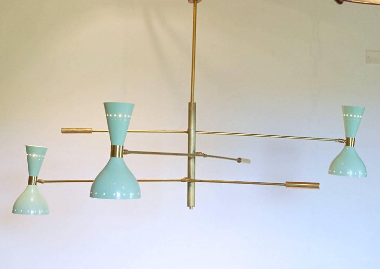 Contemporary Adjustable Three-Arm Chandelier Brass Patinated Sage Green New Staggered Design For Sale