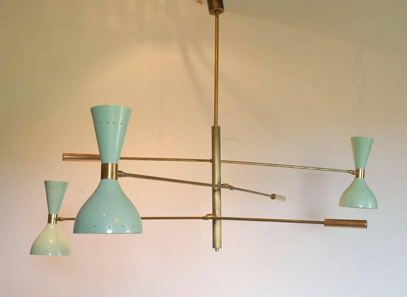 Adjustable Three-Arm Chandelier Brass Patinated Sage Green New Staggered Design For Sale 3