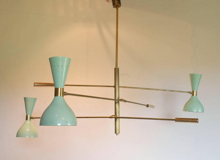 Adjustable Three-Arm Chandelier Brass Patinated Sage Green New Staggered Design For Sale 1