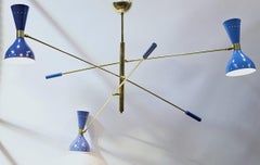 Adjustable Triennale 3 Arms Chandelier Brass, Stilnovo Style, Three Hues of Blue