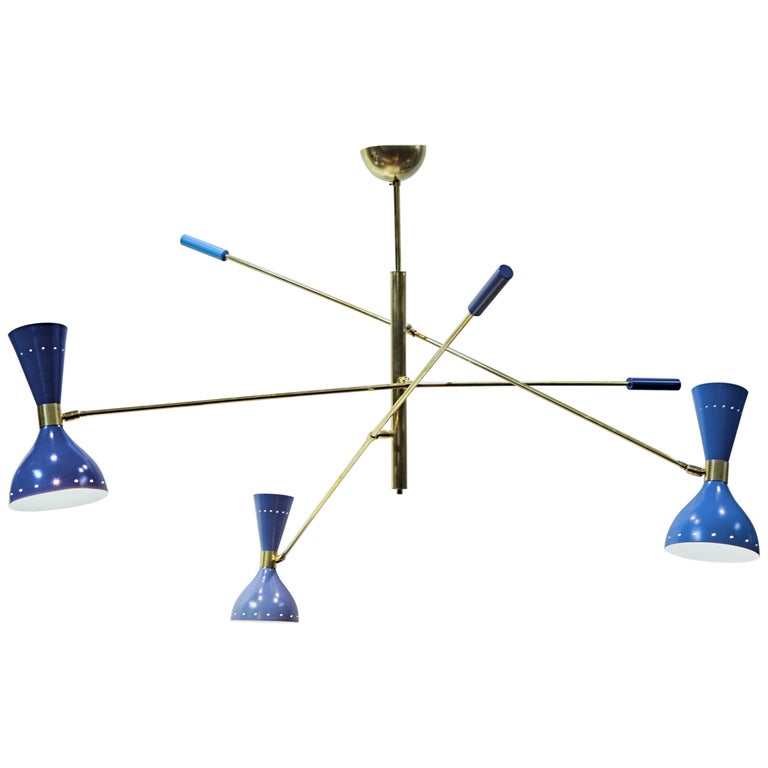 Adjustable Triennale 3 Arms Chandelier Brass, Stilnovo Style, Three Hues of Blue For Sale