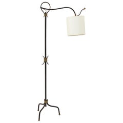 Adjustable Tripodal Cantilevered Wrought Iron & Brass Floor Lamp, France 1950's