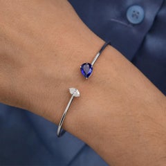 1.35Ct Natural Blue Sapphire SI/H Diamond Open Cuff Bracelet 18 Karat White Gold