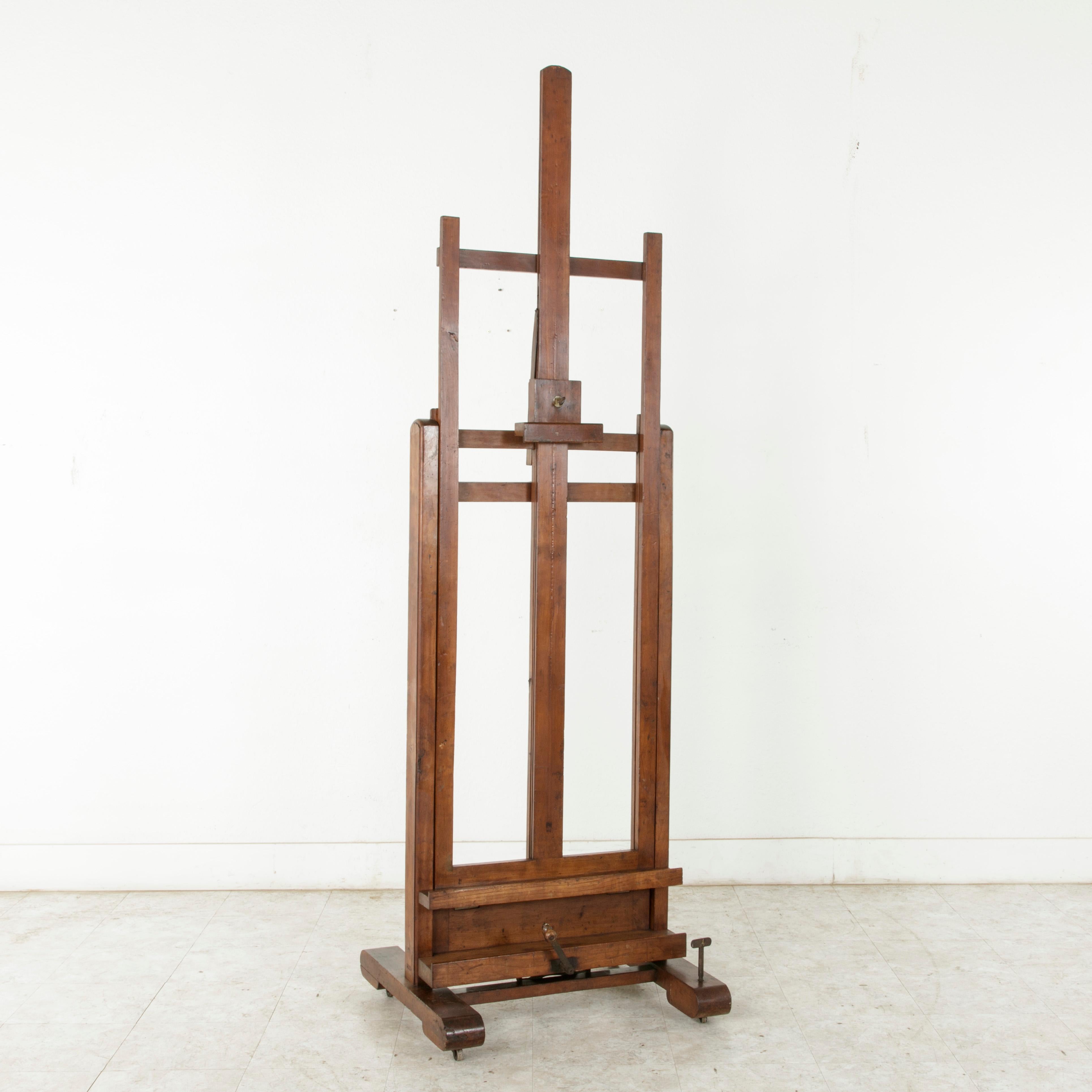 Early 20th Century Adjustable Two Ways French Cherry Wood Floor Easel with Double Mechanism