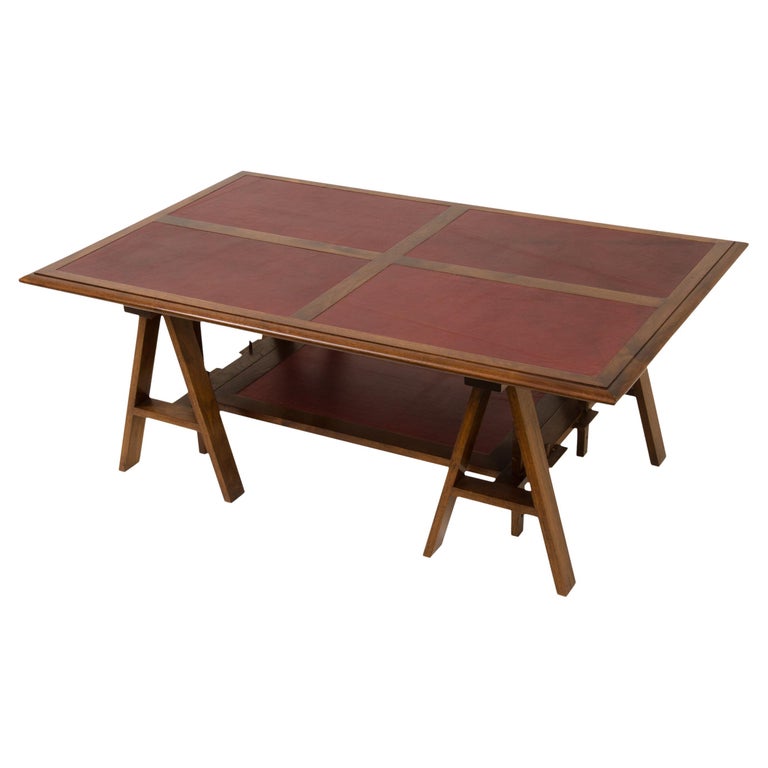 Adjustable Walnut Coffee Table with Red Leather Inlay For Sale at