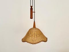 Adjustable Wicker and Teak Pendant Lamp