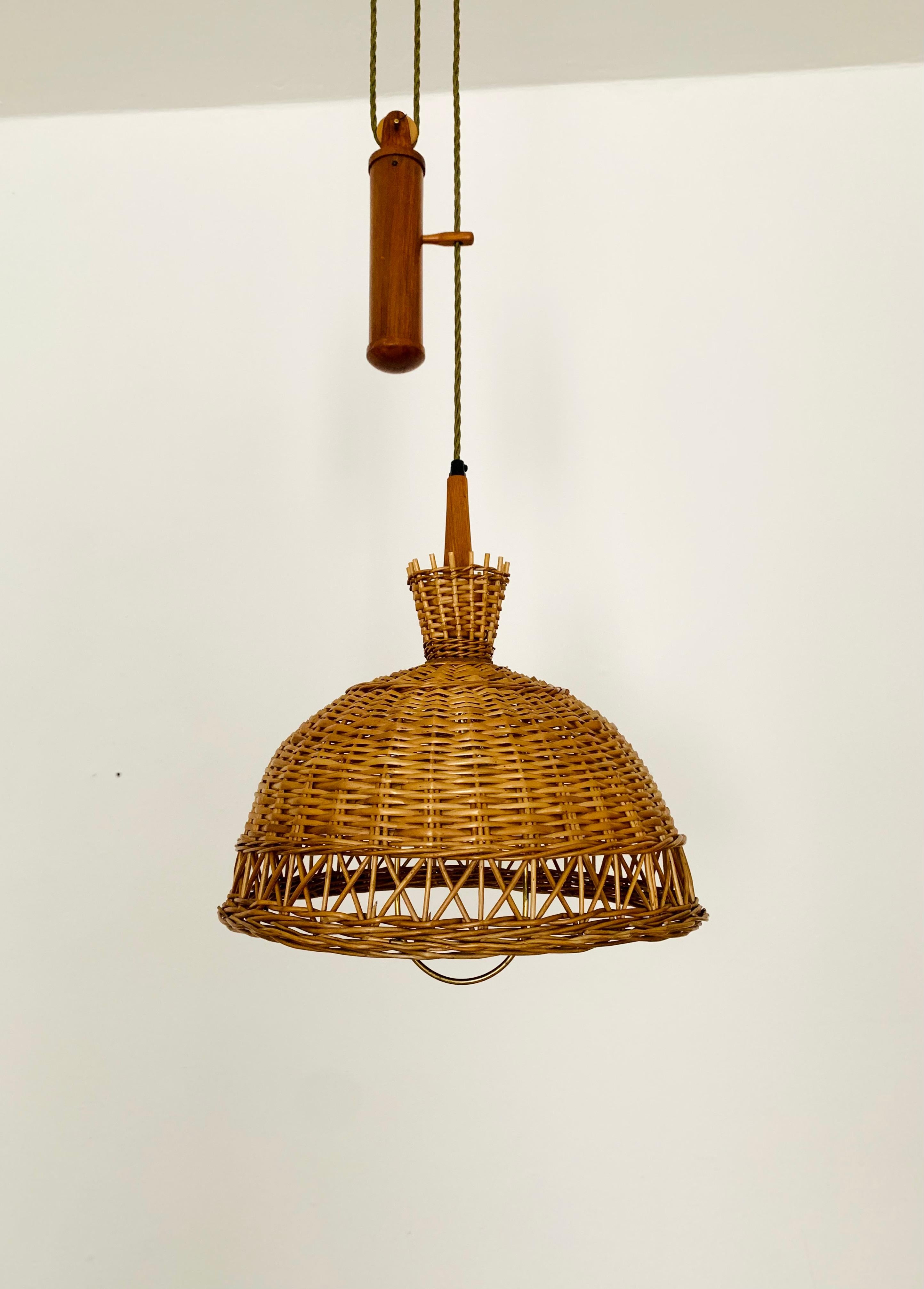 German Adjustable Wicker and Teak Pendant Lamp For Sale