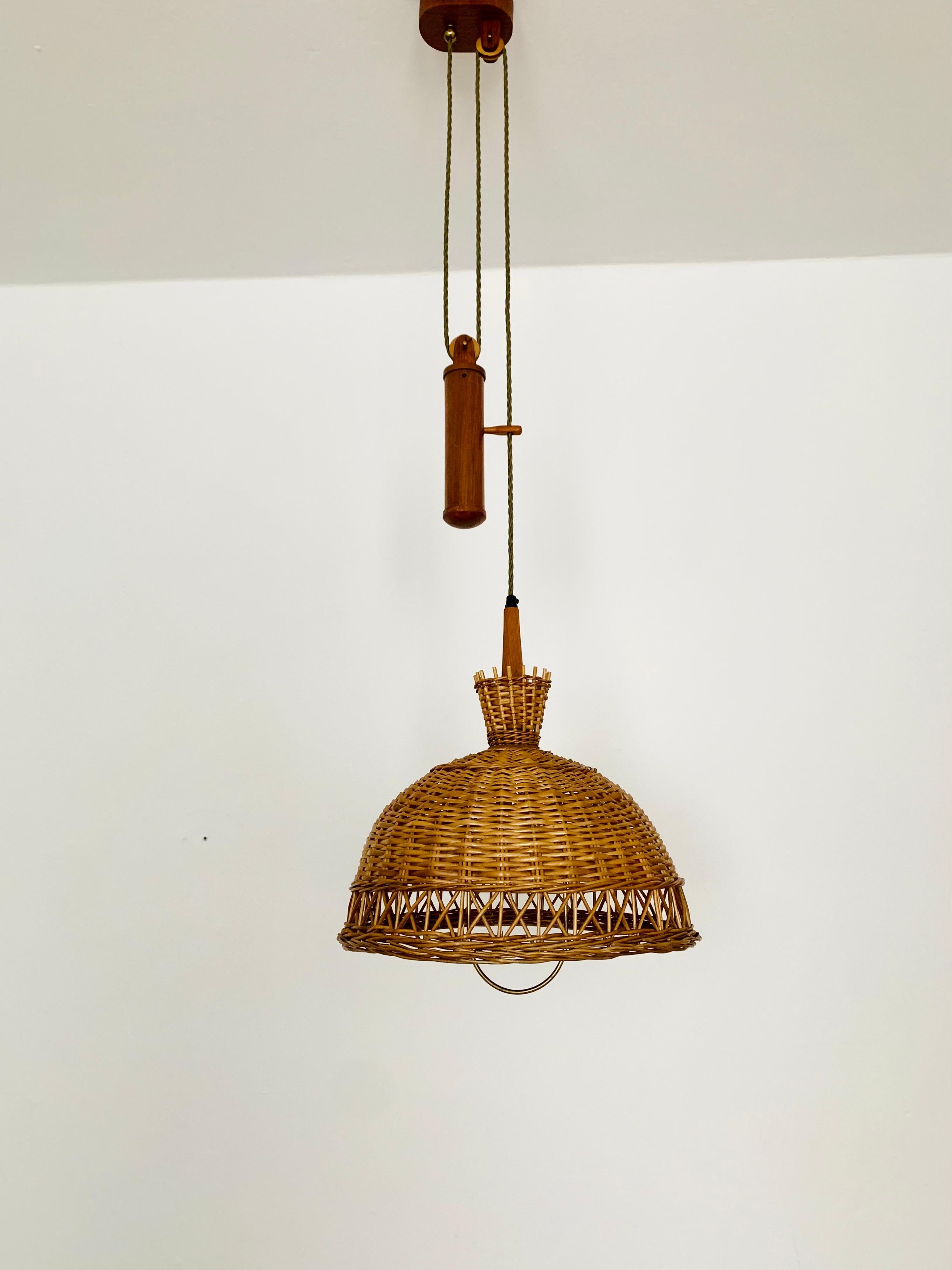 Adjustable Wicker and Teak Pendant Lamp In Good Condition For Sale In München, DE