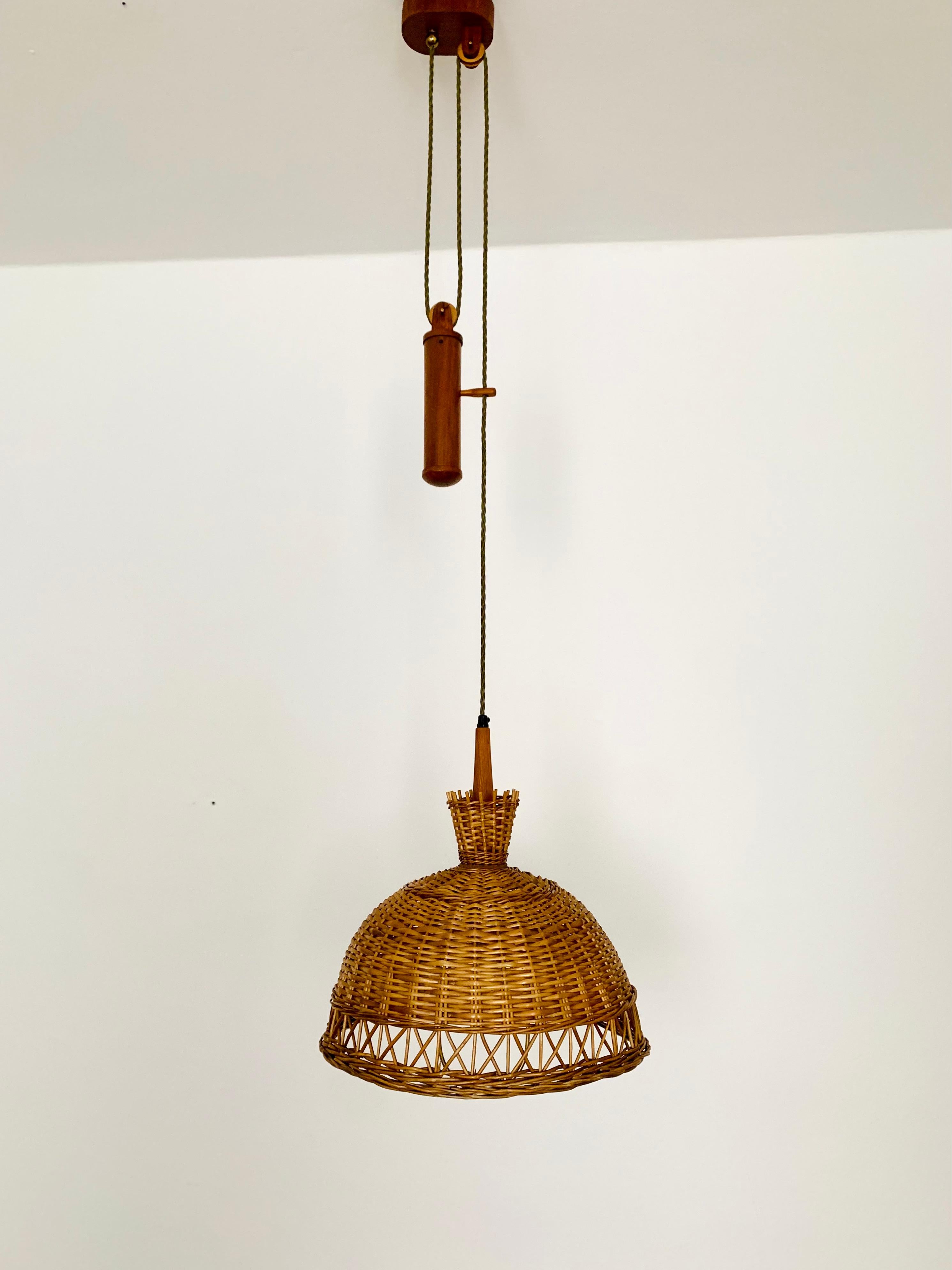 Mid-20th Century Adjustable Wicker and Teak Pendant Lamp For Sale