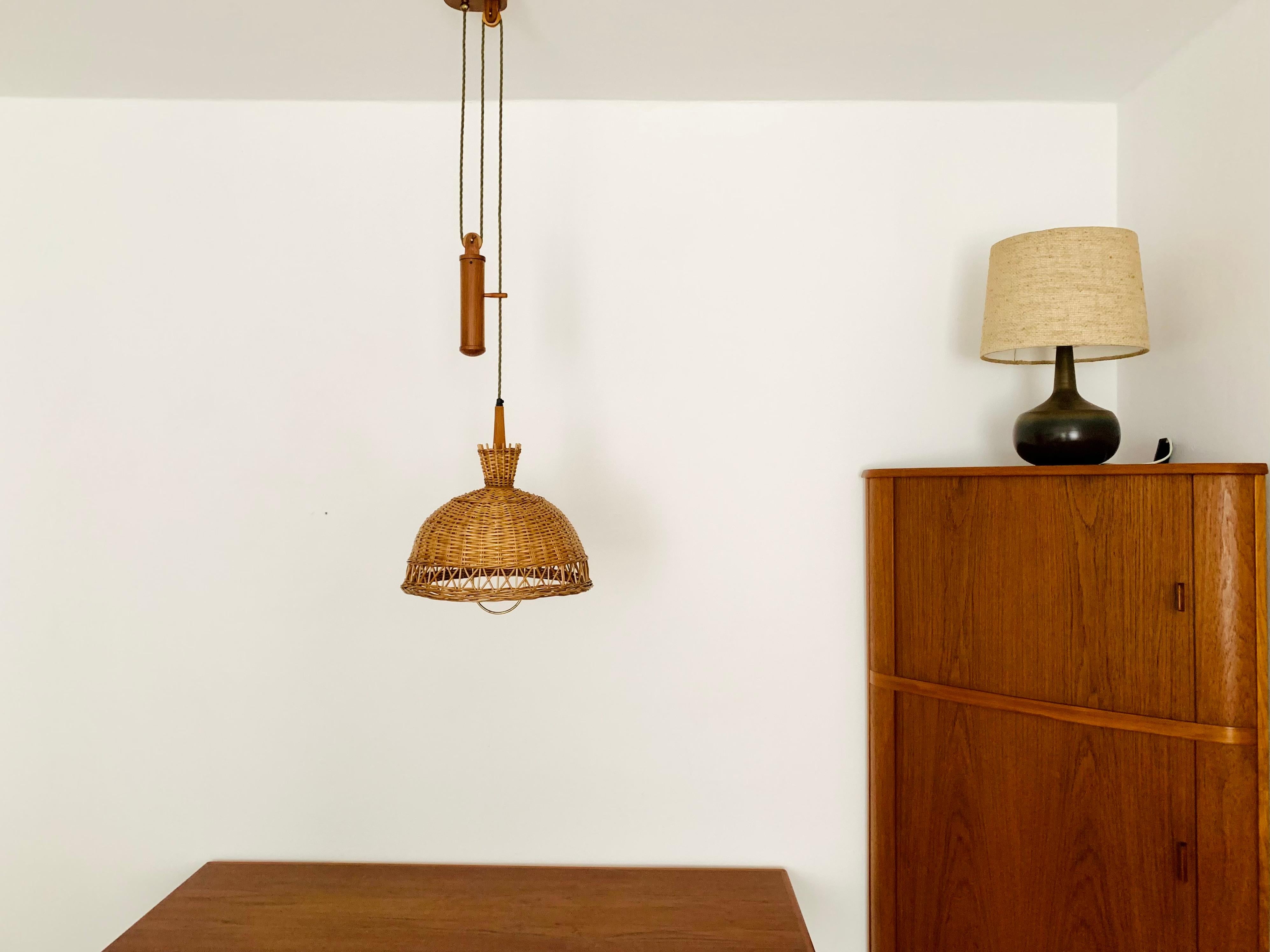 Adjustable Wicker and Teak Pendant Lamp For Sale 1