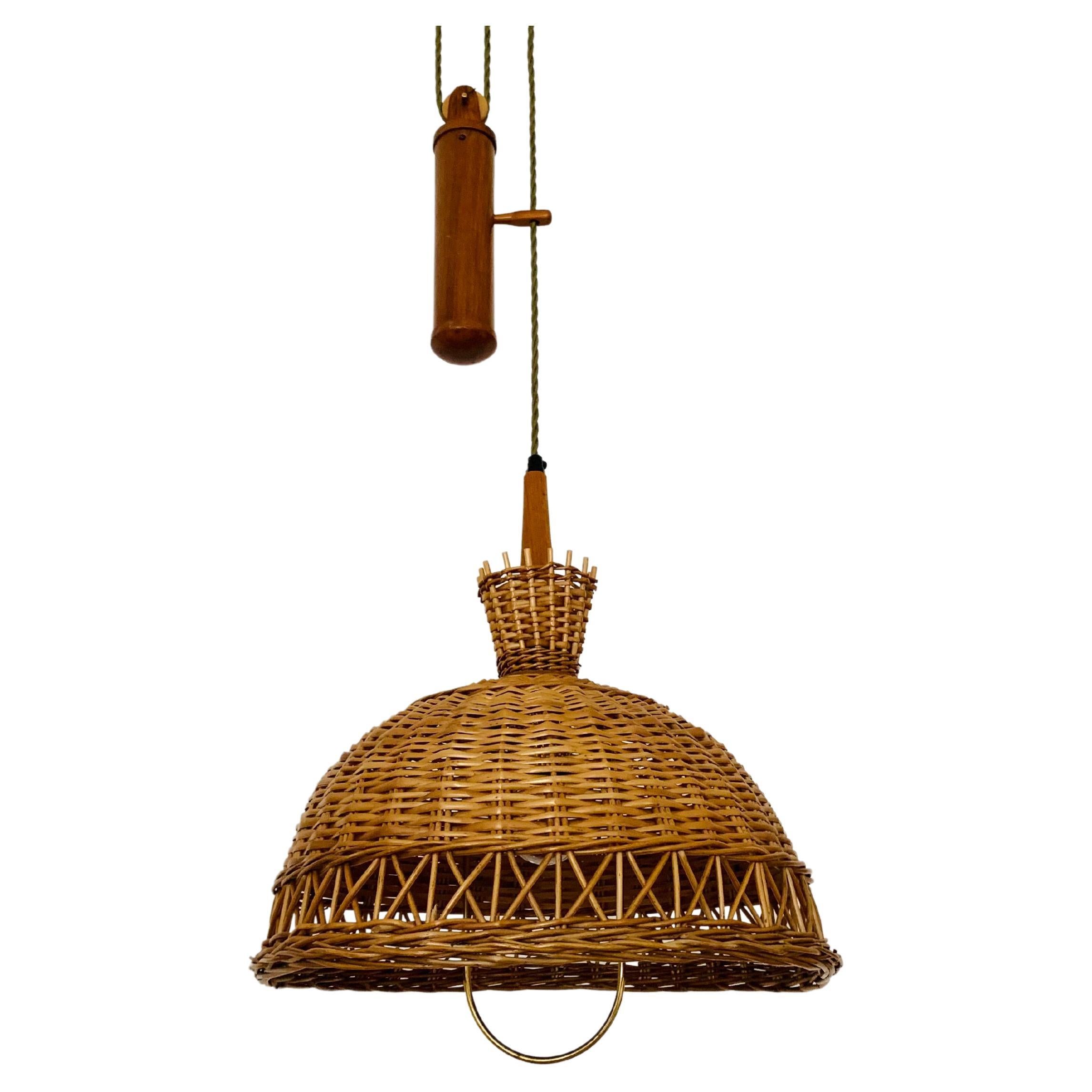 Adjustable Wicker and Teak Pendant Lamp For Sale