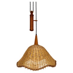 Vintage Adjustable Wicker and Teak Pendant Lamp