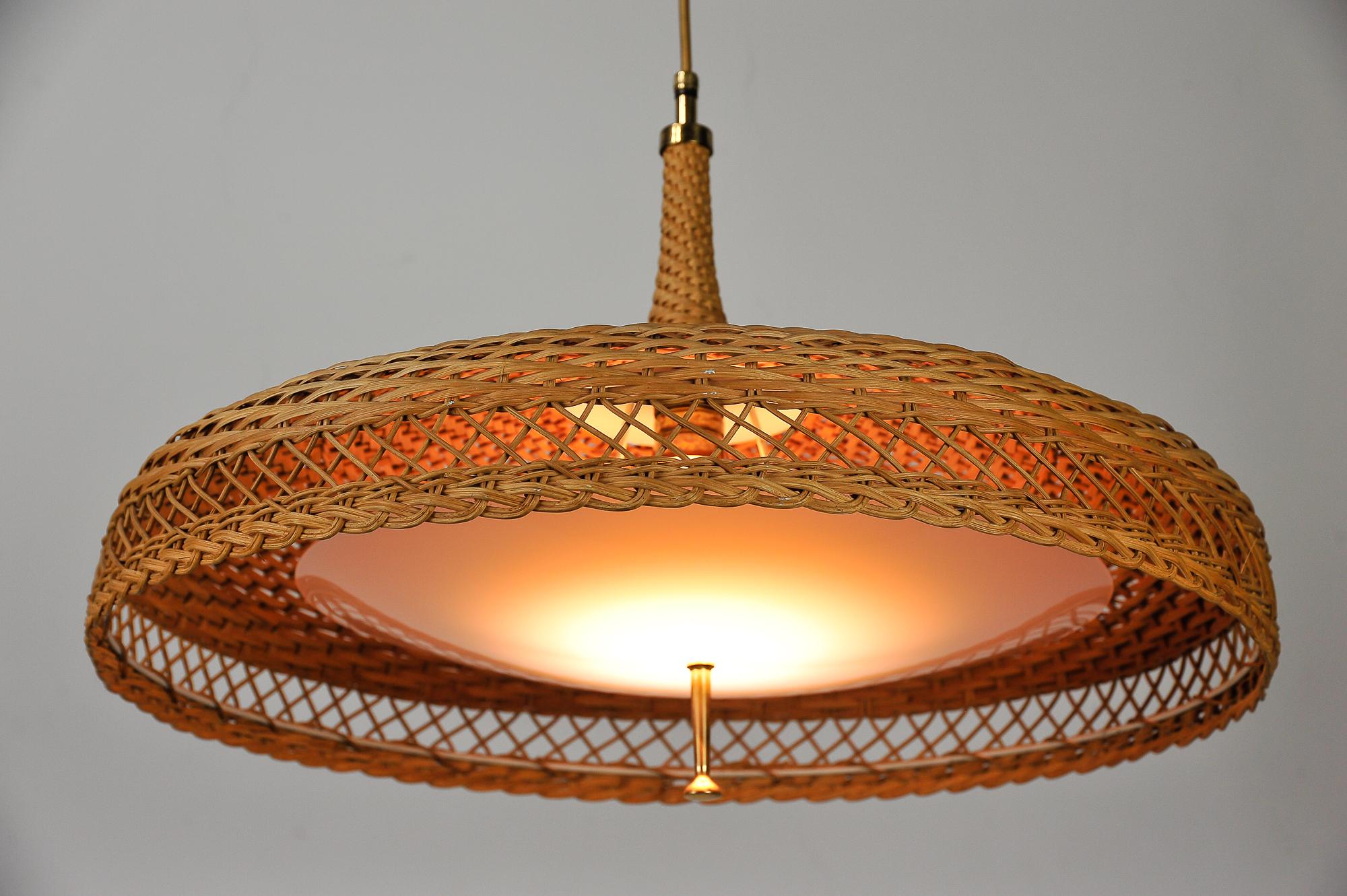Adjustable Woven Rattan Pendant Lamp, circa 1960s 1