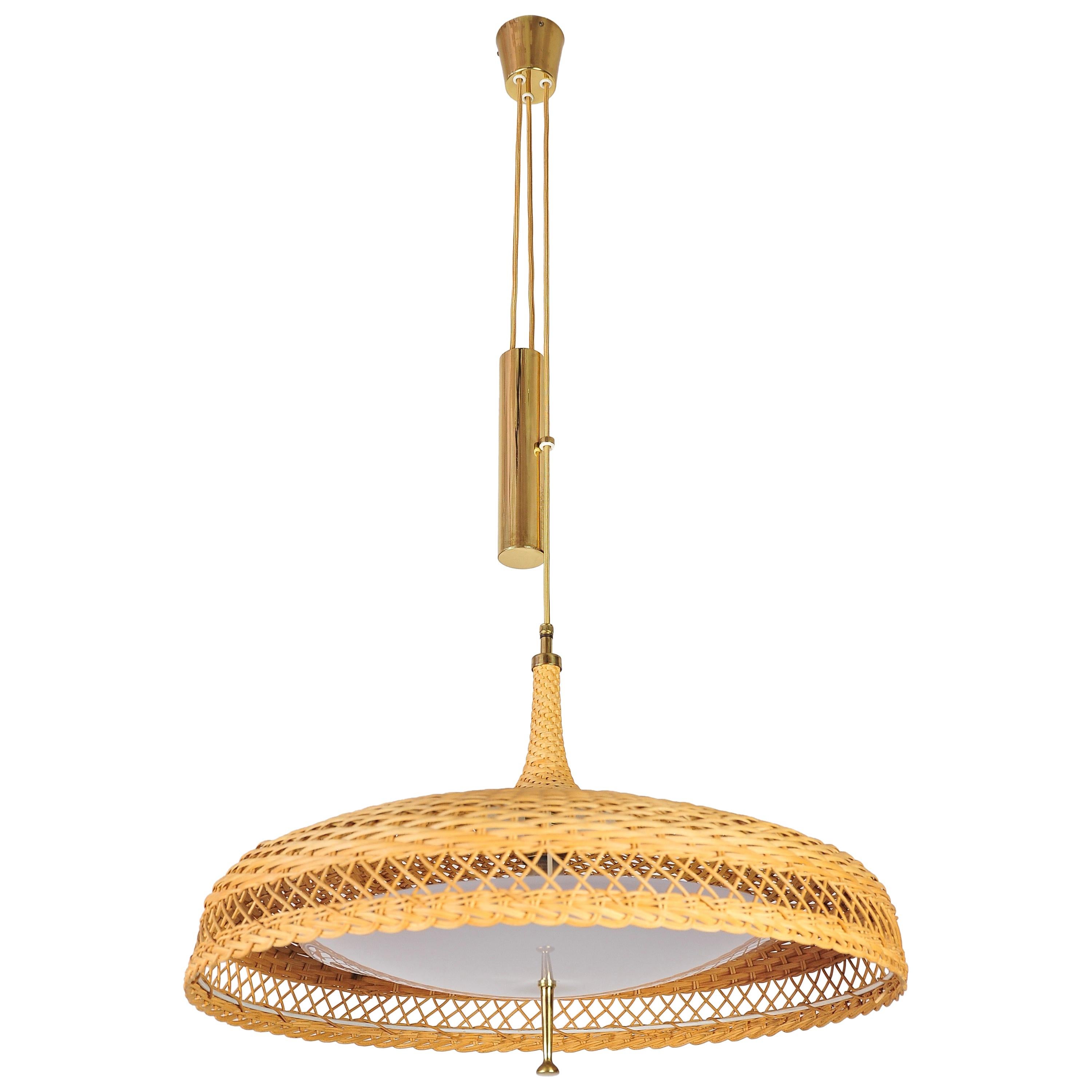 Adjustable Woven Rattan Pendant Lamp, circa 1960s