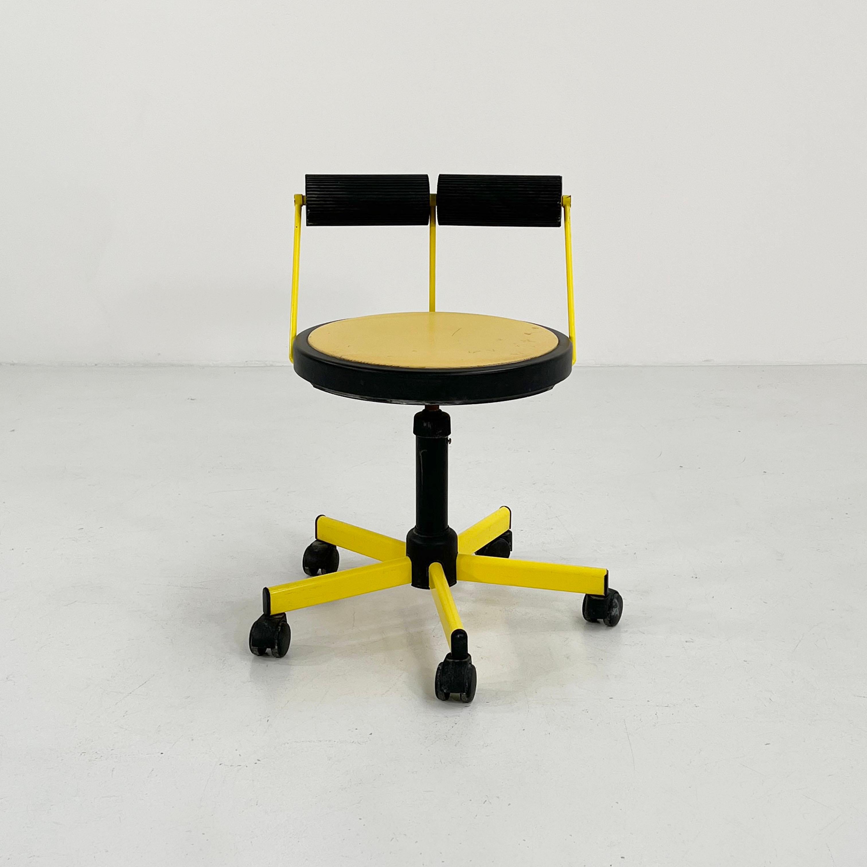Adjustable Yellow Desk Chair from Bieffeplast, 1980s
Producer - Bieffeplast
Design Period - Eighties
Measurements - Width 56 cm x Depth 56 cm x Height min 68 cm / Max 81 cm x Seat Height min 45 cm / max 58 cm 
Materials - Metal, Plastic
Color -