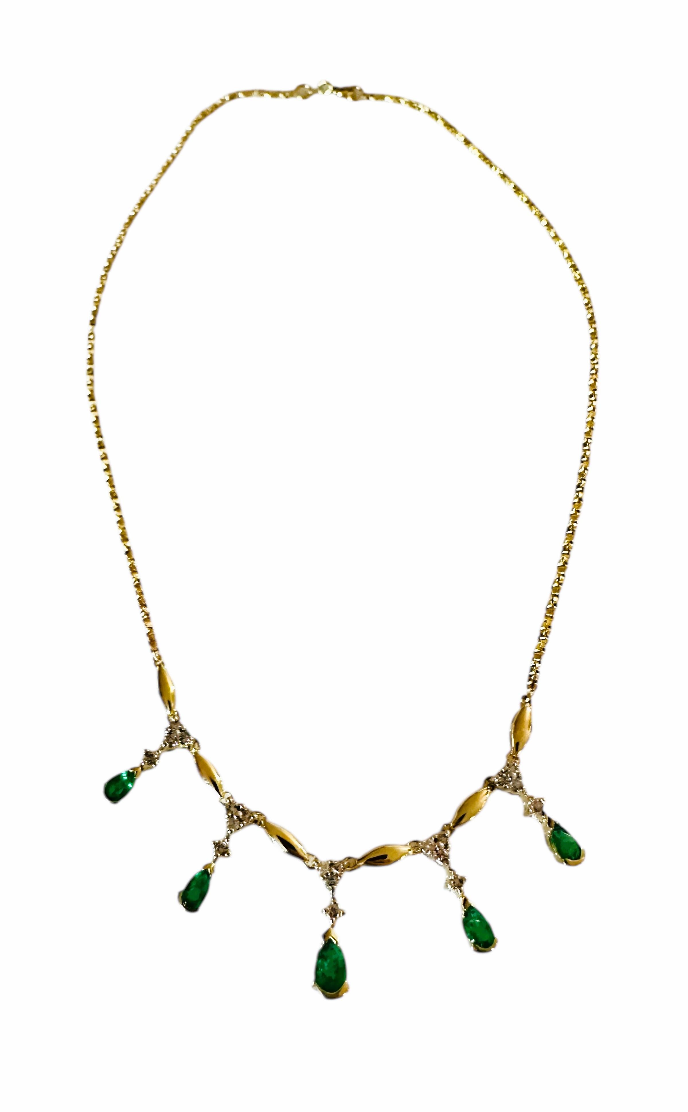 Taille poire ADL Italy 14K Yellow Gold 1.25 Carat Emerald .45 Carat Diamond Drop Necklace en vente