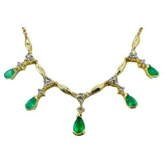 ADL Italy 14K Yellow Gold 1.25 Carat Emerald .45 Carat Diamond Drop Necklace