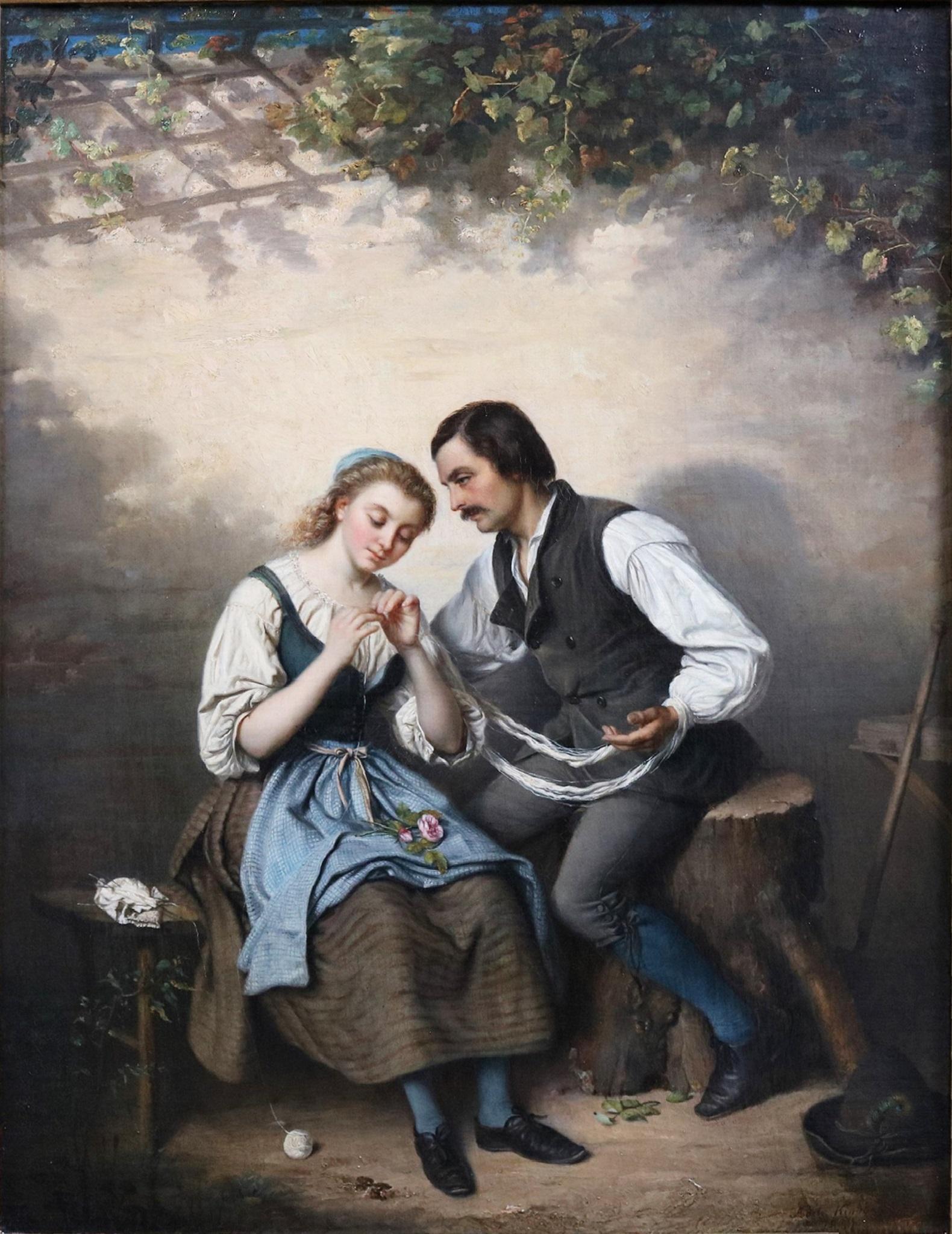 Une Affection Tacite - 19th Century Romantic Oil Painting Girl & Loving Admirer - Brown Figurative Painting by Adèle Kindt