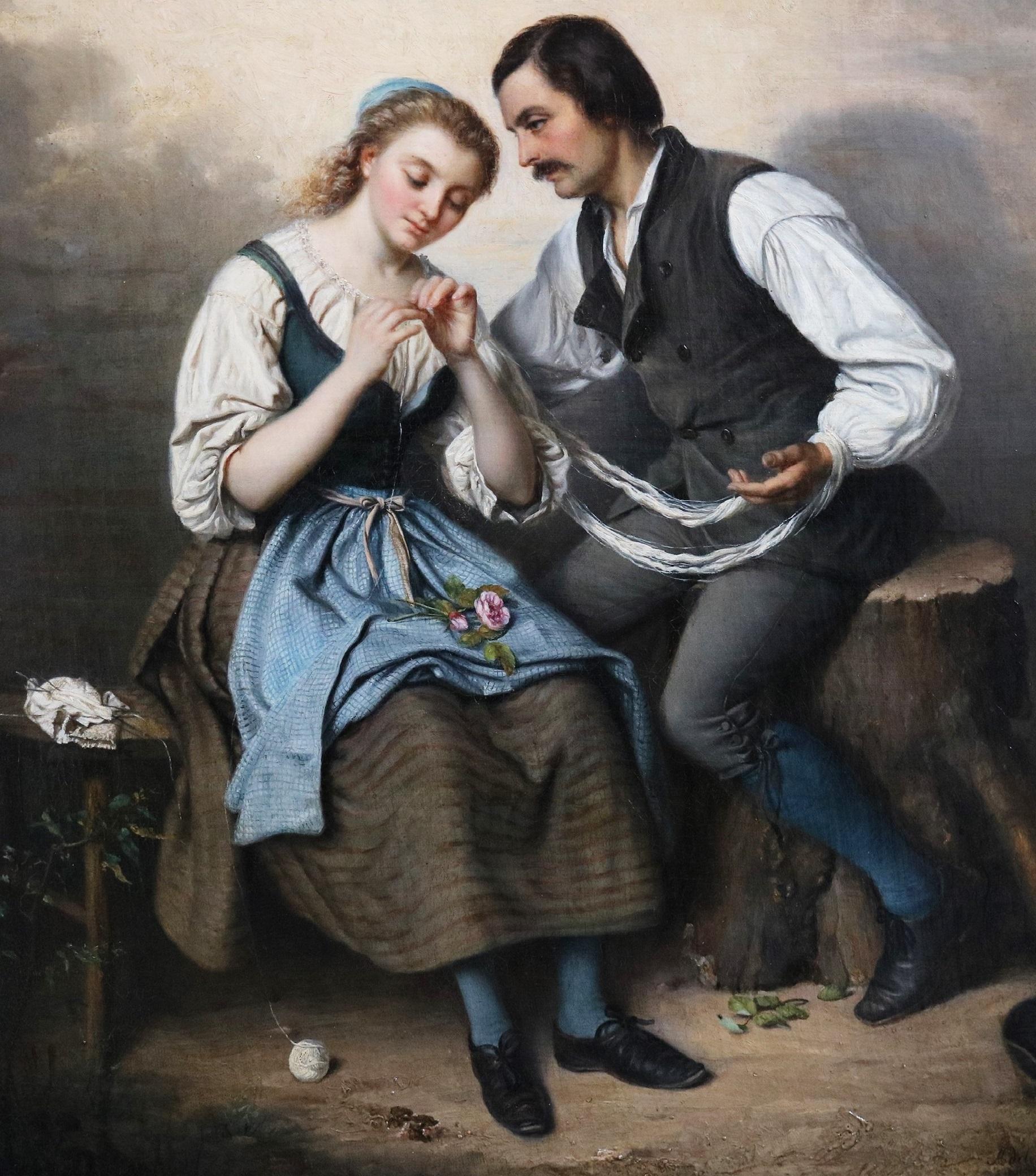 Une Affection Tacite - Romantisches Ölgemälde des 19. Jahrhunderts, Mädchen und liebende Verehrer (Braun), Figurative Painting, von Adèle Kindt
