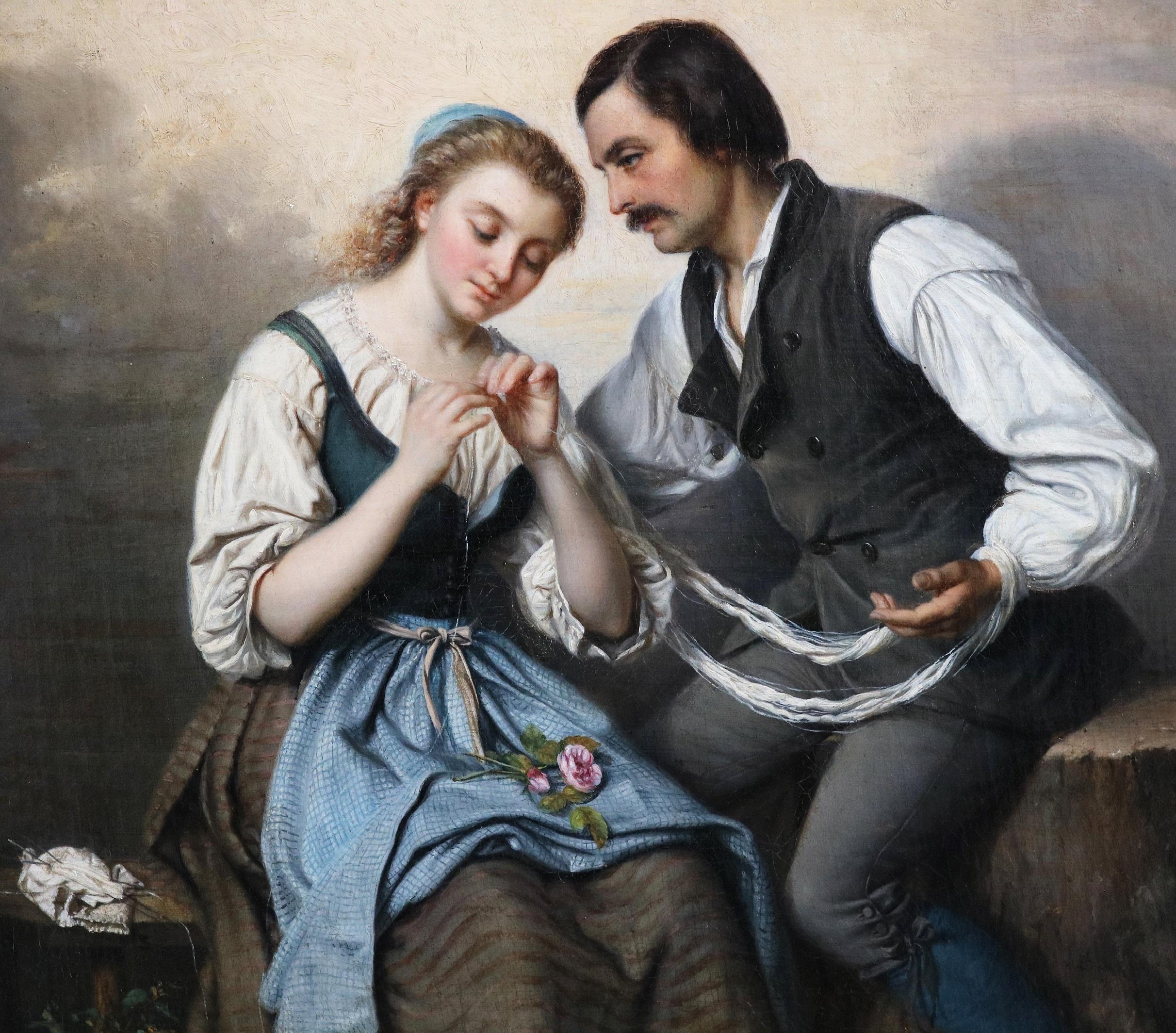 Une Affection Tacite - 19th Century Romantic Oil Painting Girl & Loving Admirer For Sale 2