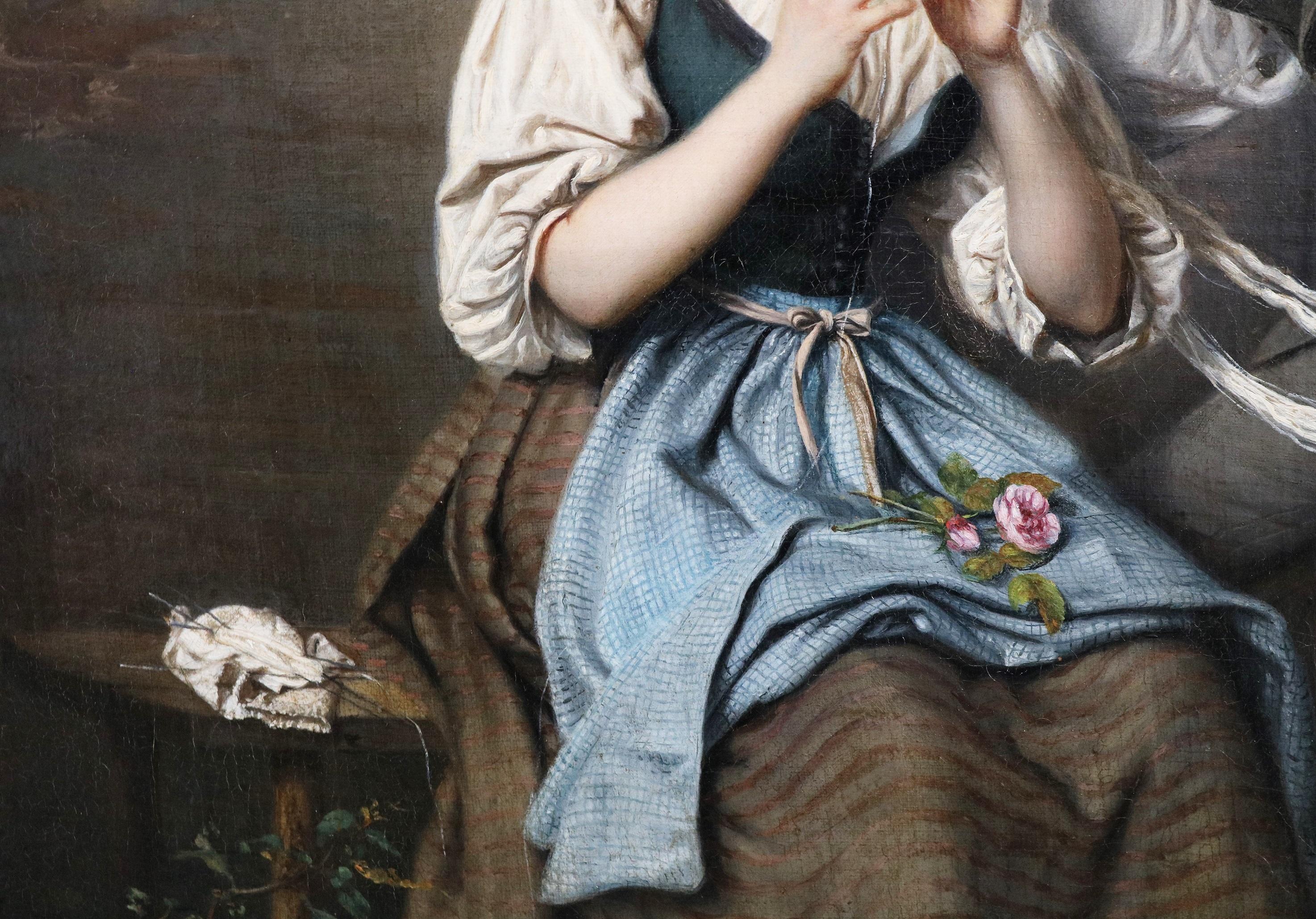 Une Affection Tacite - Romantisches Ölgemälde des 19. Jahrhunderts, Mädchen und liebende Verehrer im Angebot 1