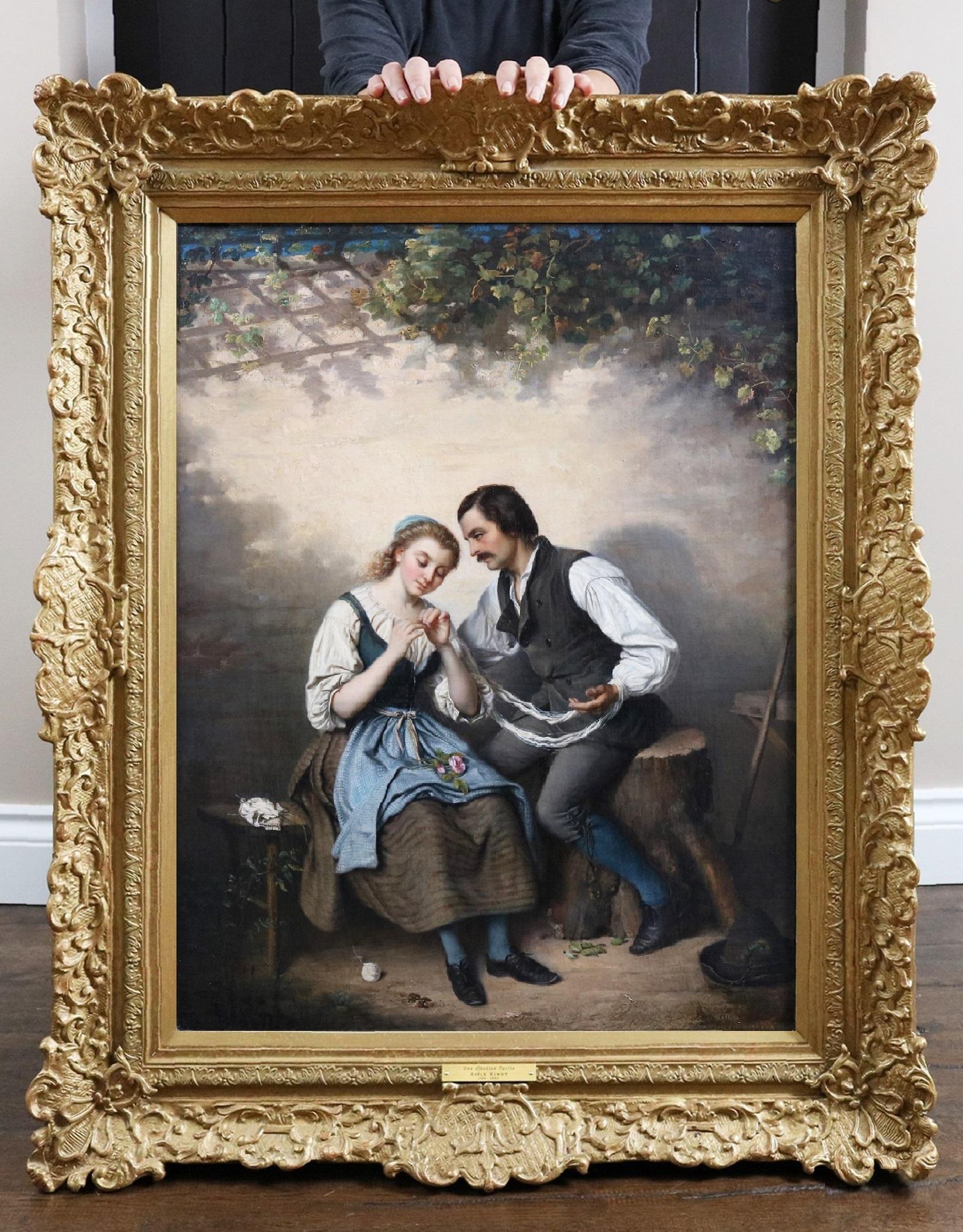 Adèle Kindt Figurative Painting – Une Affection Tacite - Romantisches Ölgemälde des 19. Jahrhunderts, Mädchen und liebende Verehrer