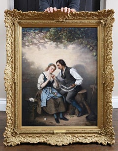 Une Affection Tacite - Pintura al Óleo Romántica del Siglo XIX Niña y Admirador Cariñoso
