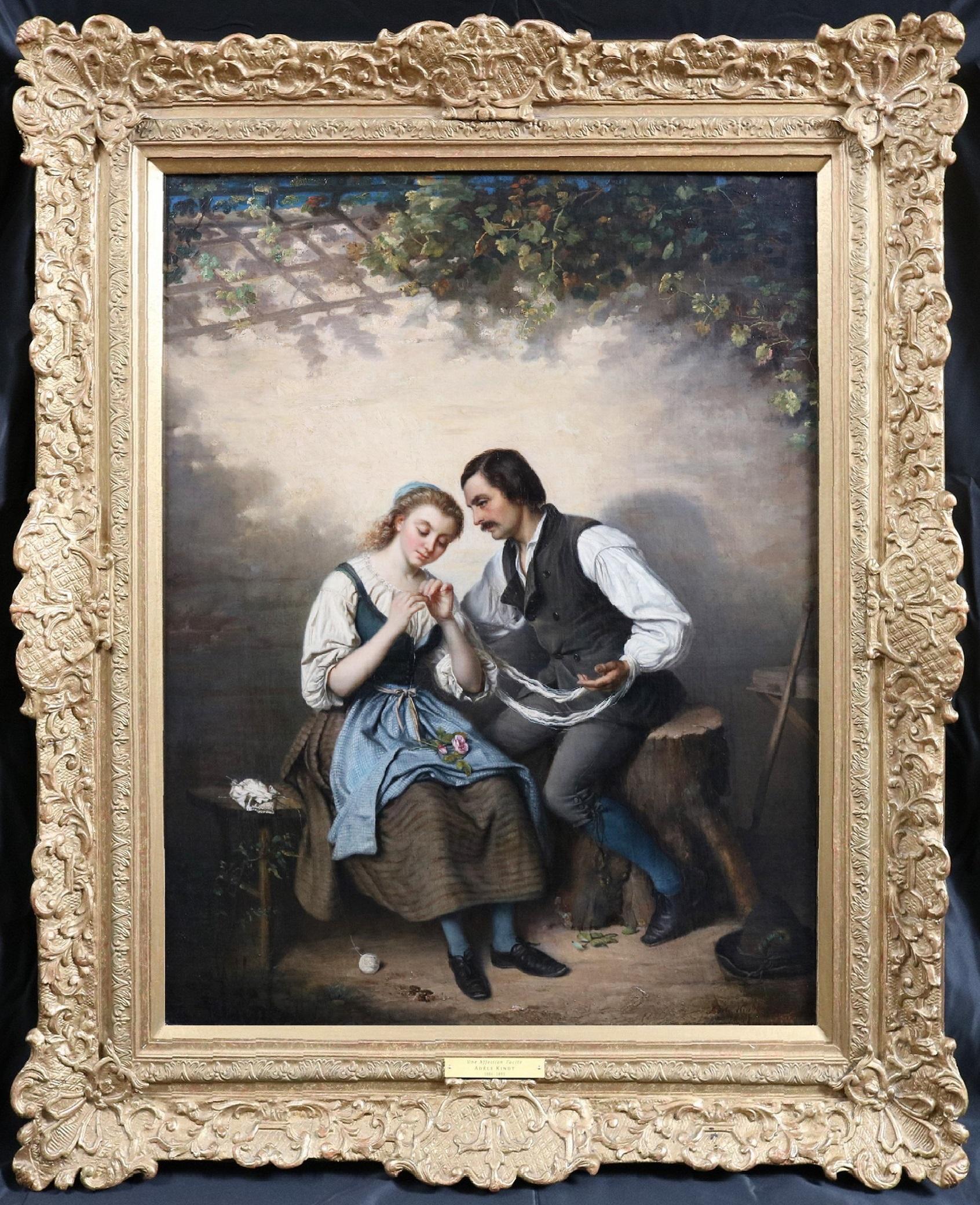 Une Affection Tacite - Large 19th Century Oil Painting of Young Lovers  - Brown Portrait Painting by Adèle Kindt