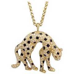 Adler 18 Karat Yellow Gold Diamond and Sapphires Panther Necklace