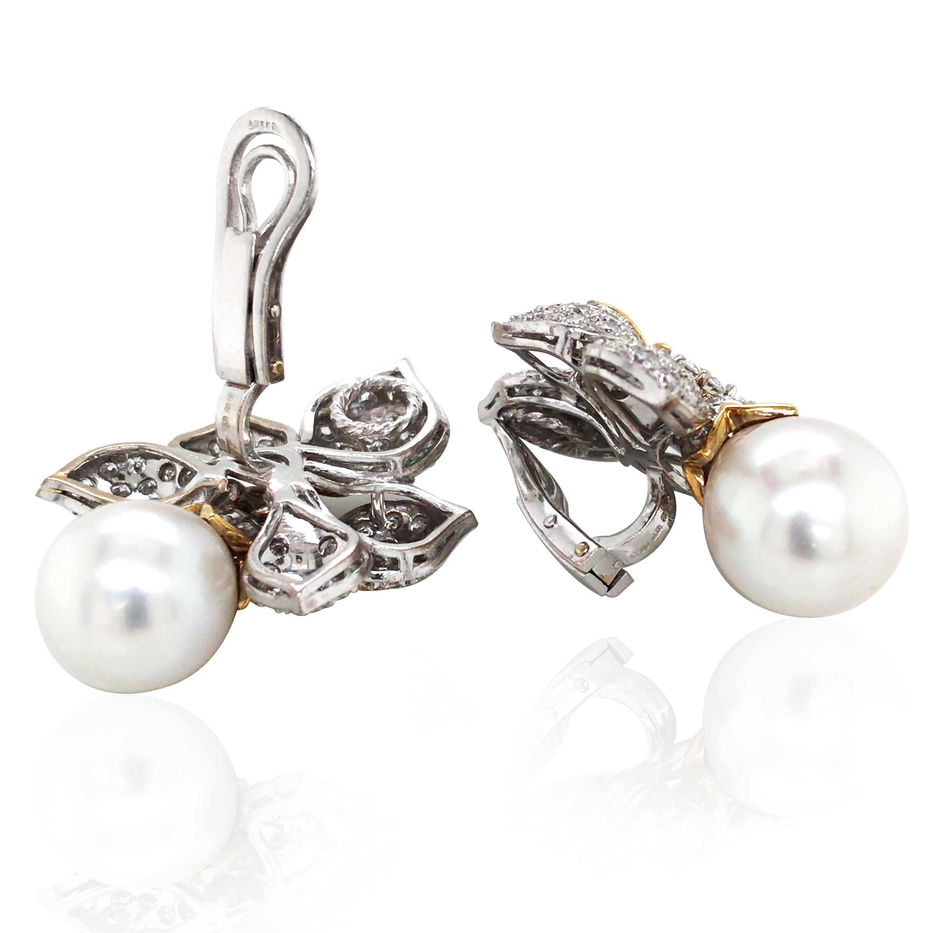 Adler, Pendientes Perla Diamante Oro Bicolor 18K Corte mixto en venta