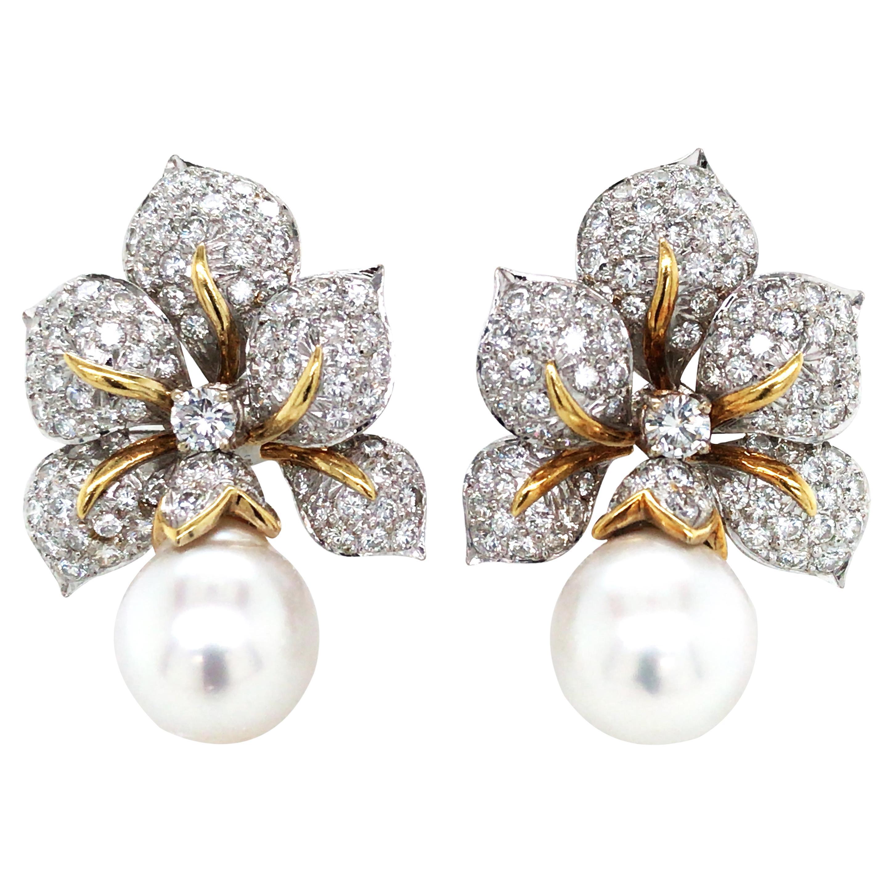 Adler, Pendientes Perla Diamante Oro Bicolor 18K en venta