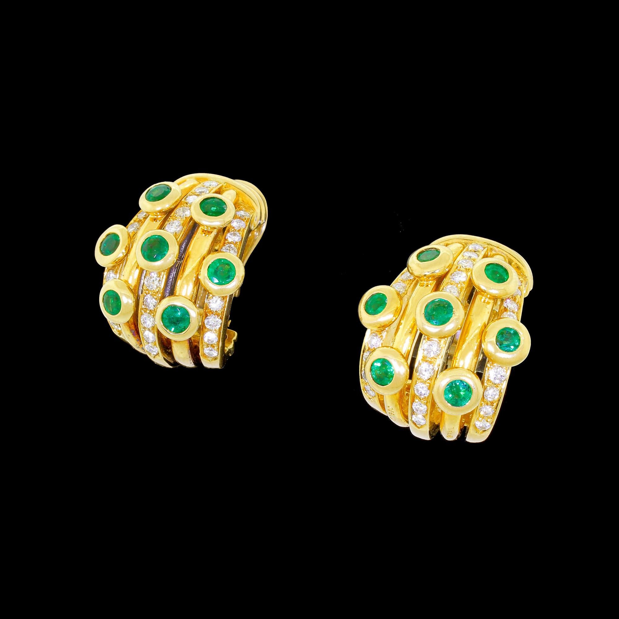 Modern Adler 18k Gold Diamond Emerald Earrings Serail 1990 Classic Couture Clip On 26G For Sale