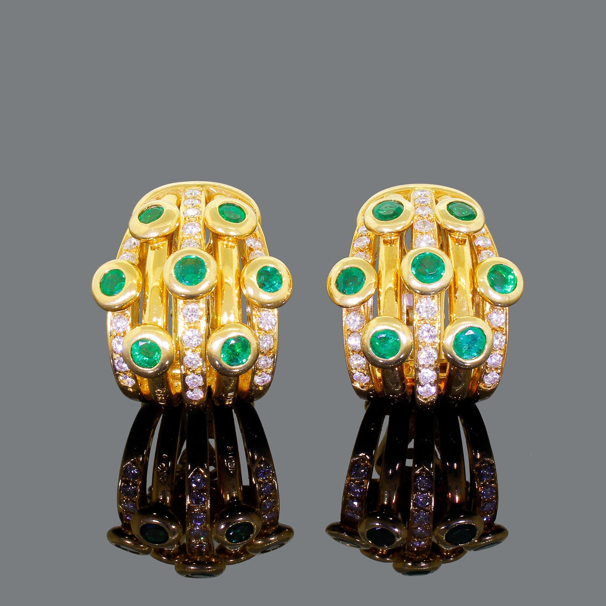 Adler 18k Gold Diamond Emerald Earrings Serail 1990 Classic Couture Clip On 26G For Sale 1
