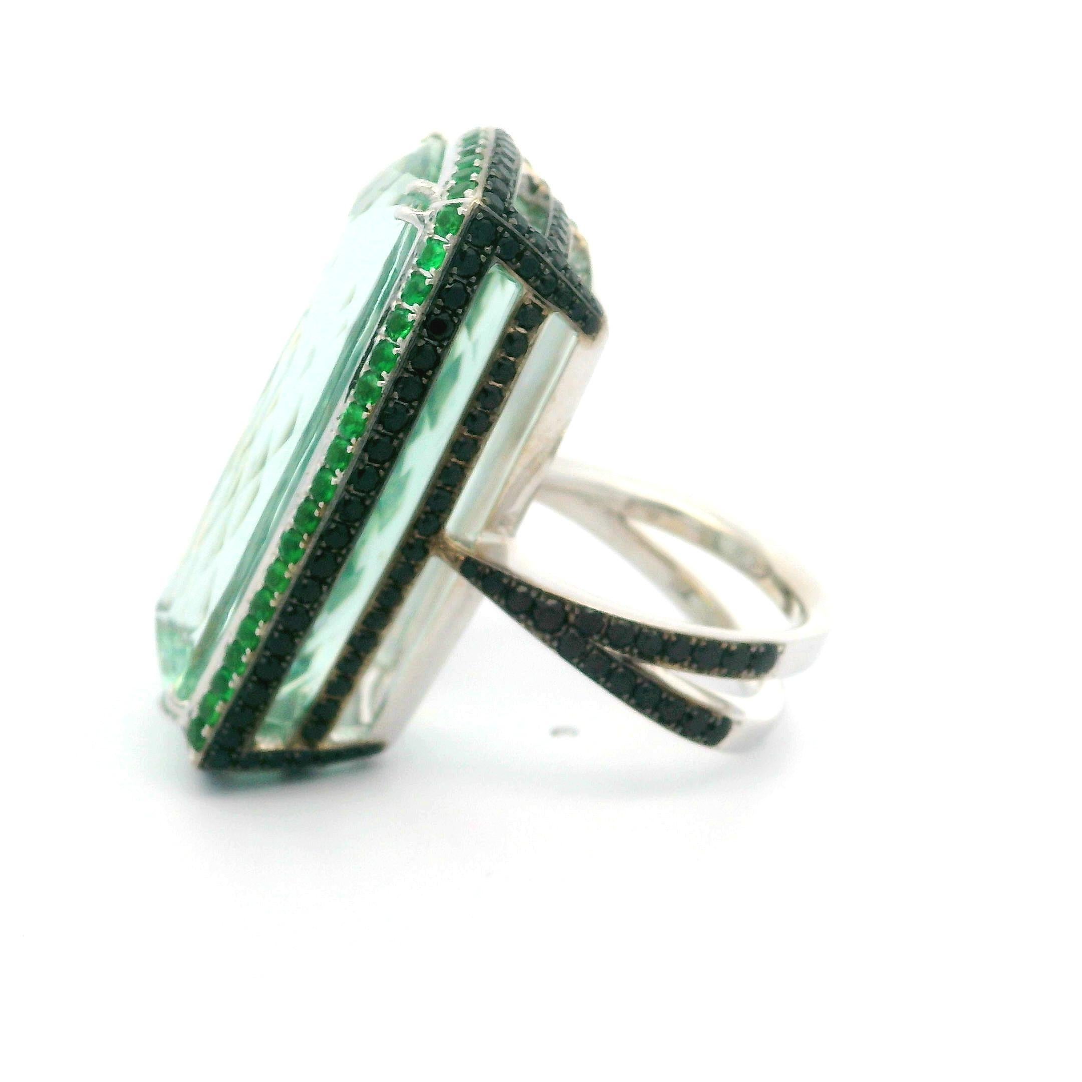 Adler 18k Gold GIA 44.88ct Long Cushion Green Beryl Aquamarine Tsavorite Ring In Excellent Condition For Sale In Montclair, NJ
