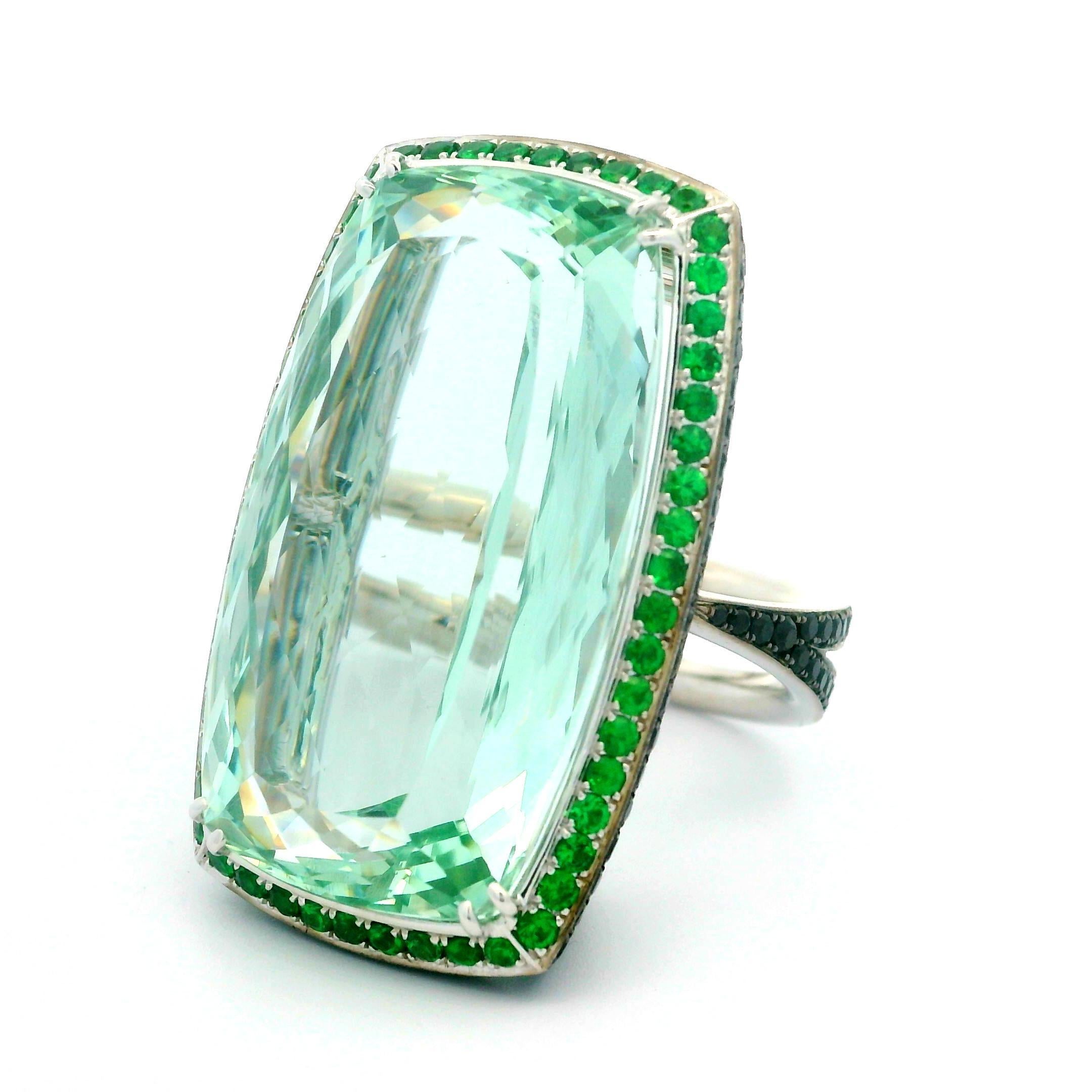 Women's Adler 18k Gold GIA 44.88ct Long Cushion Green Beryl Aquamarine Tsavorite Ring For Sale