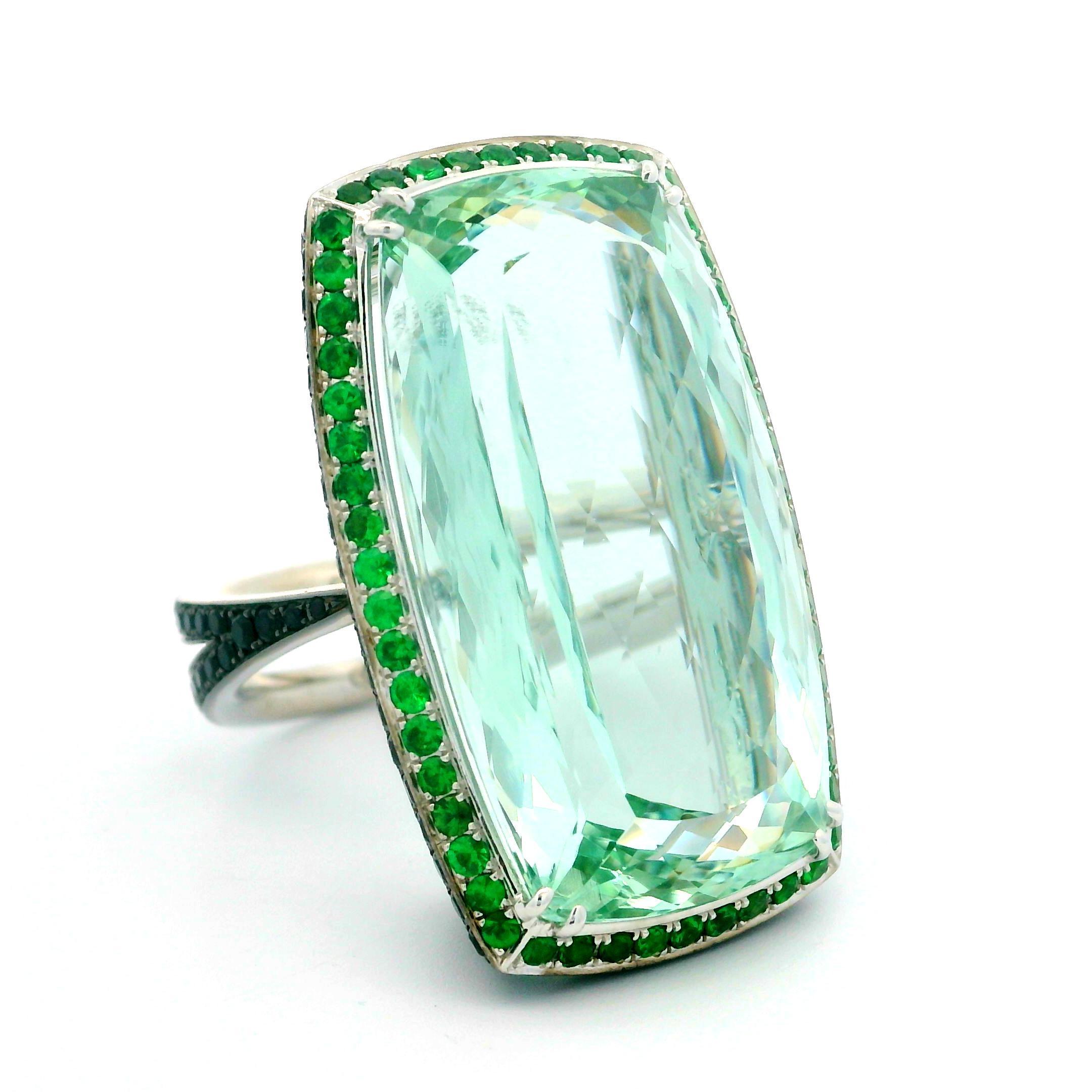 Adler 18k Gold GIA 44.88ct Long Cushion Green Beryl Aquamarine Tsavorite Ring For Sale 1