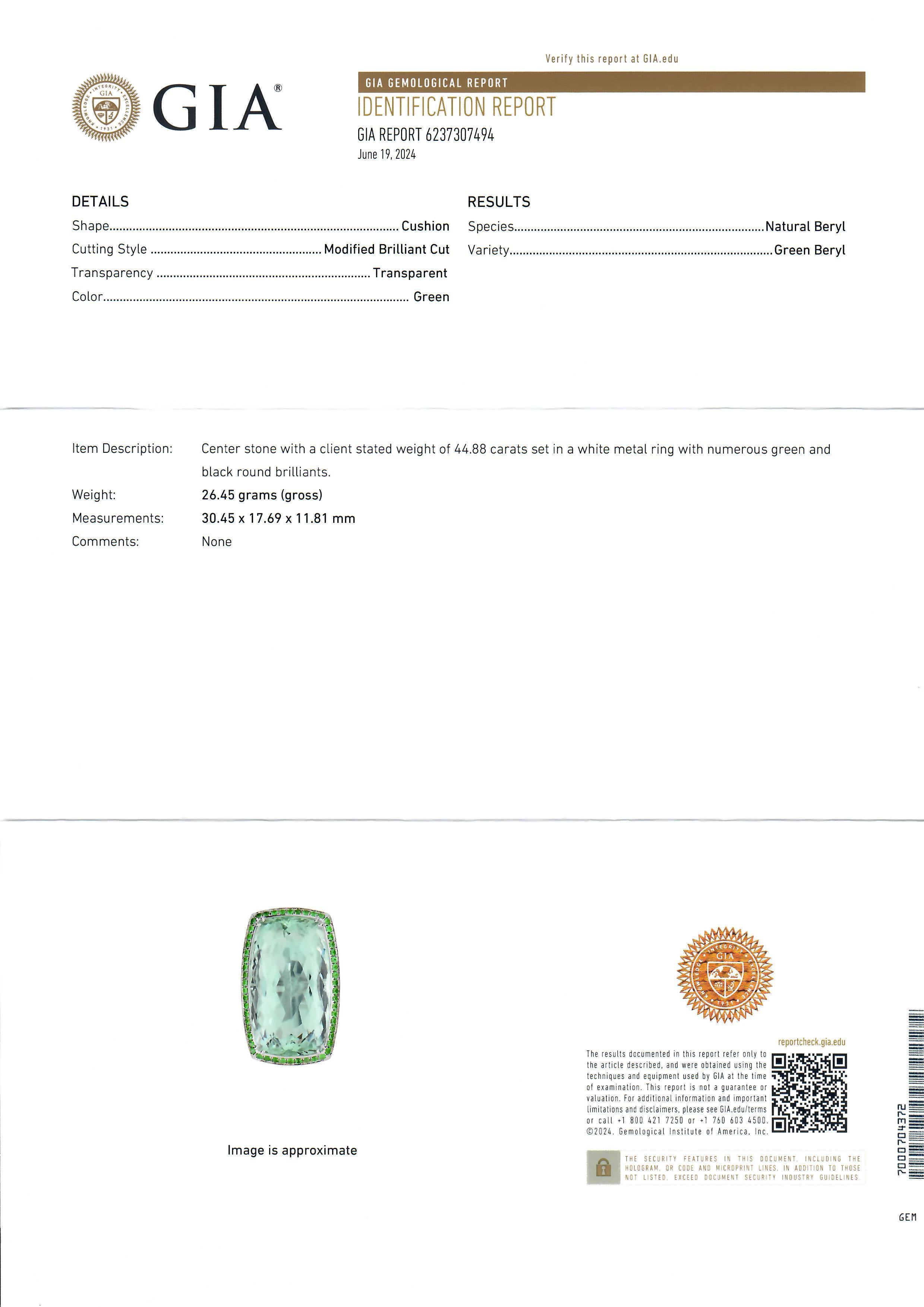Adler 18k Gold GIA 44.88ct Long Cushion Green Beryl Aquamarine Tsavorite Ring For Sale 2