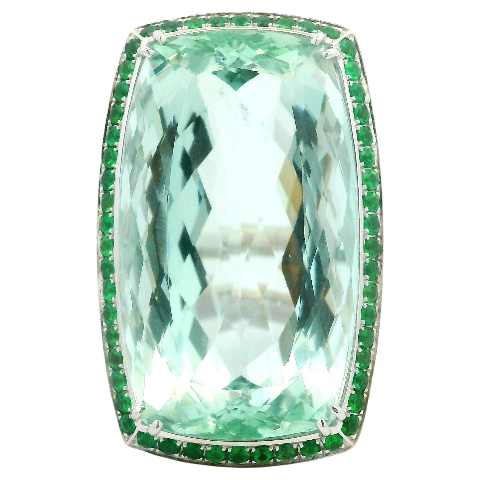 Adler 18k Gold GIA 44.88ct Long Cushion Green Beryl Aquamarine Tsavorite Ring For Sale