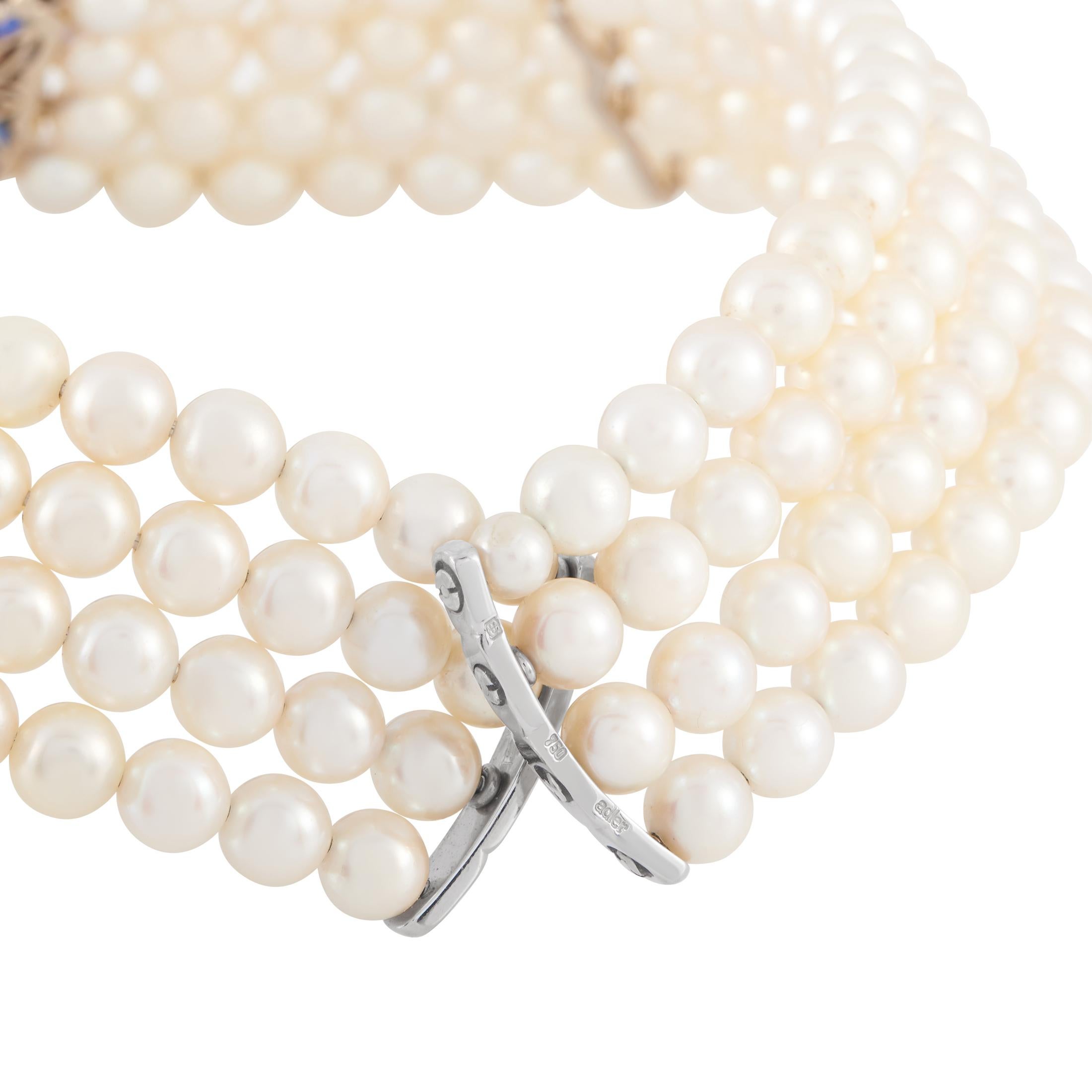 Round Cut Adler 18K White Gold 0.30ct Diamond and Synthetic Sapphire Pearl Choker Necklace For Sale