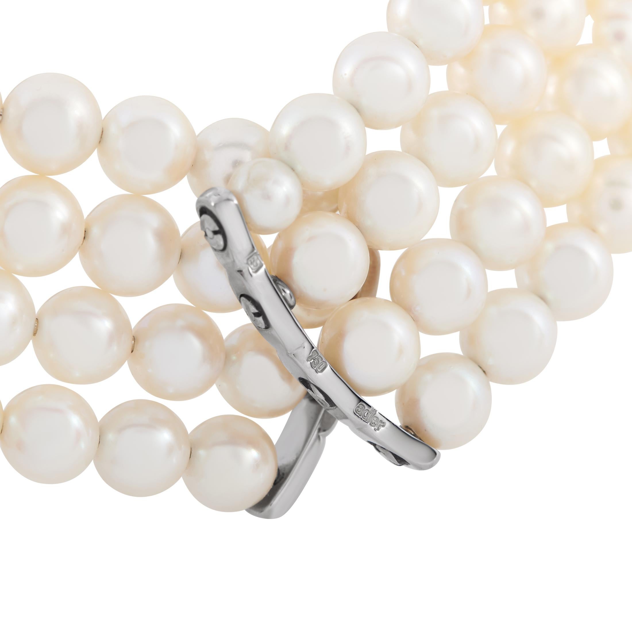 Adler 18K White Gold 0.30ct Diamond and Synthetic Sapphire Pearl Choker Necklace In Excellent Condition For Sale In Southampton, PA
