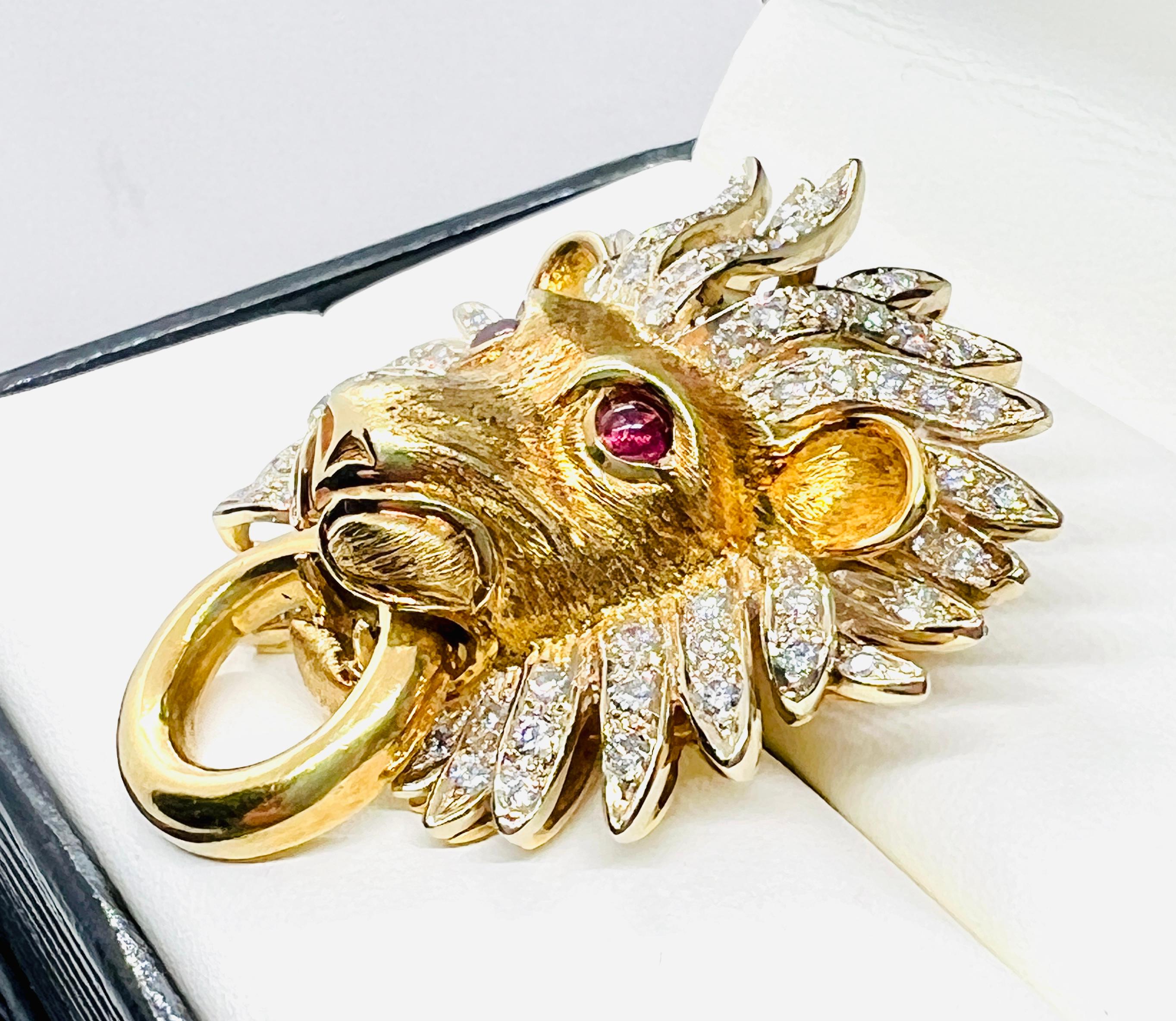 Art Deco Adler 18k Yellow Gold, Diamond & Ruby Lionshead Doorknocker Enhancer Pendant For Sale