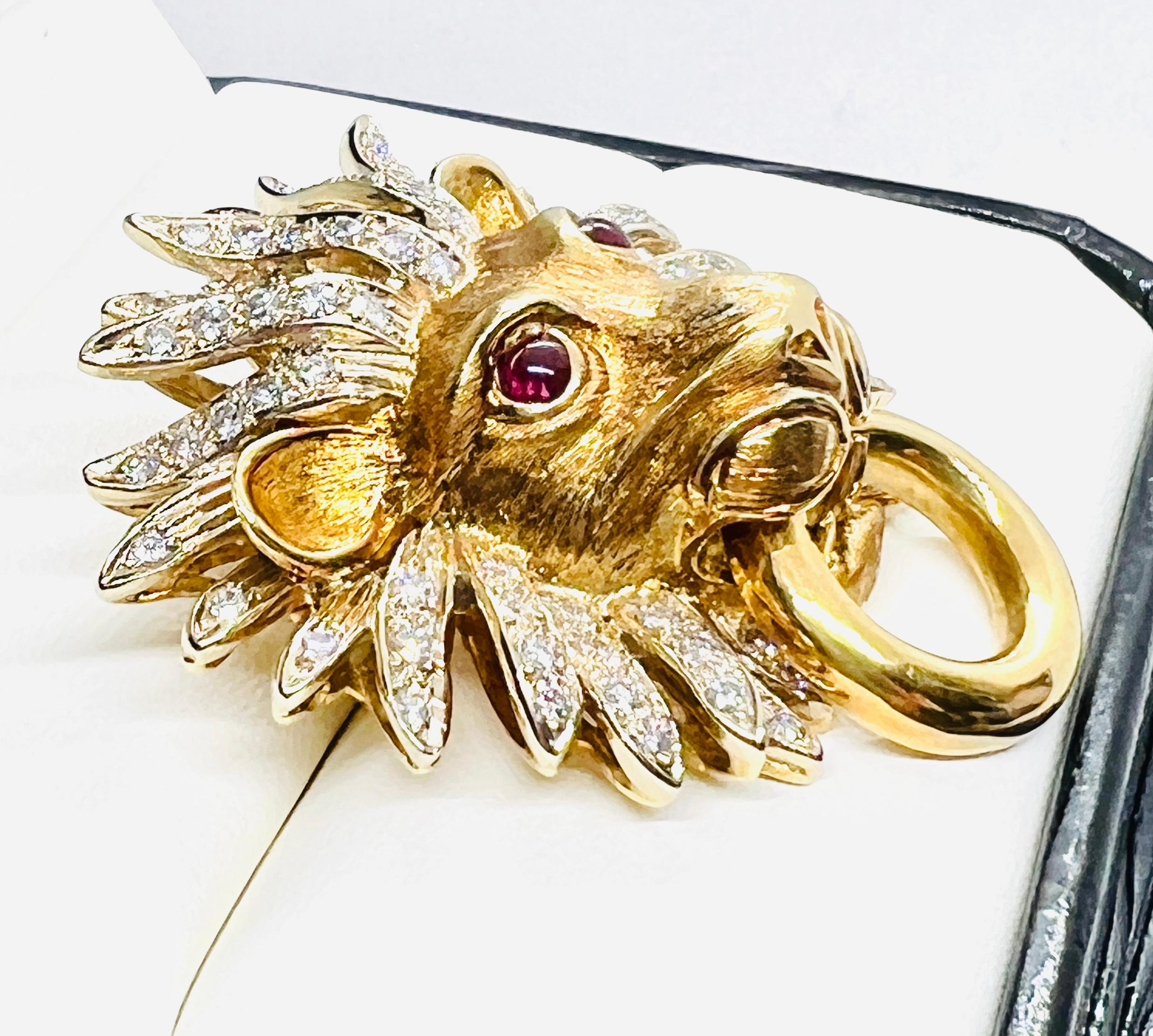Cabochon Adler 18k Yellow Gold, Diamond & Ruby Lionshead Doorknocker Enhancer Pendant For Sale