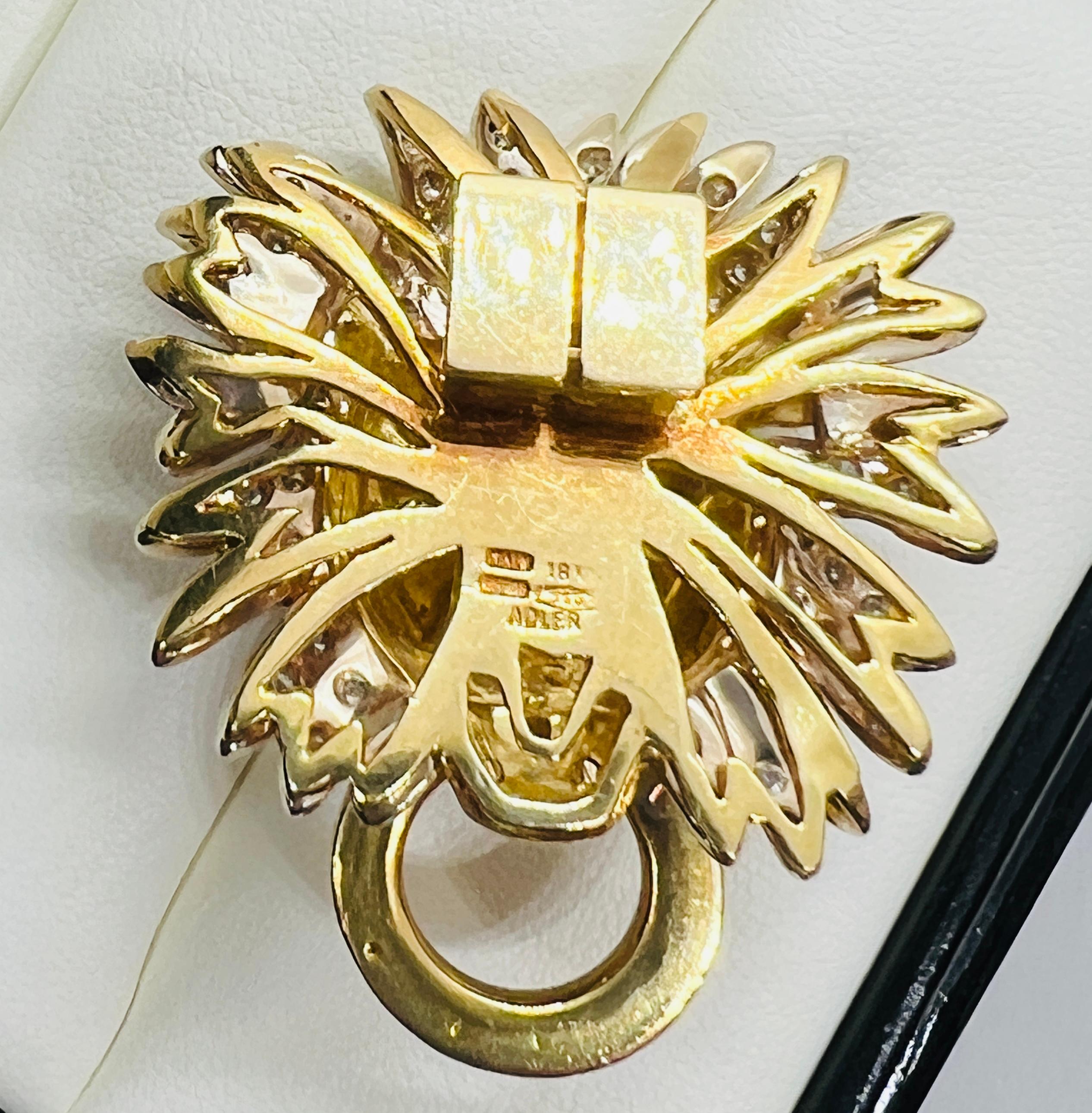 Adler 18k Yellow Gold, Diamond & Ruby Lionshead Doorknocker Enhancer Pendant In Excellent Condition For Sale In Birmingham, AL