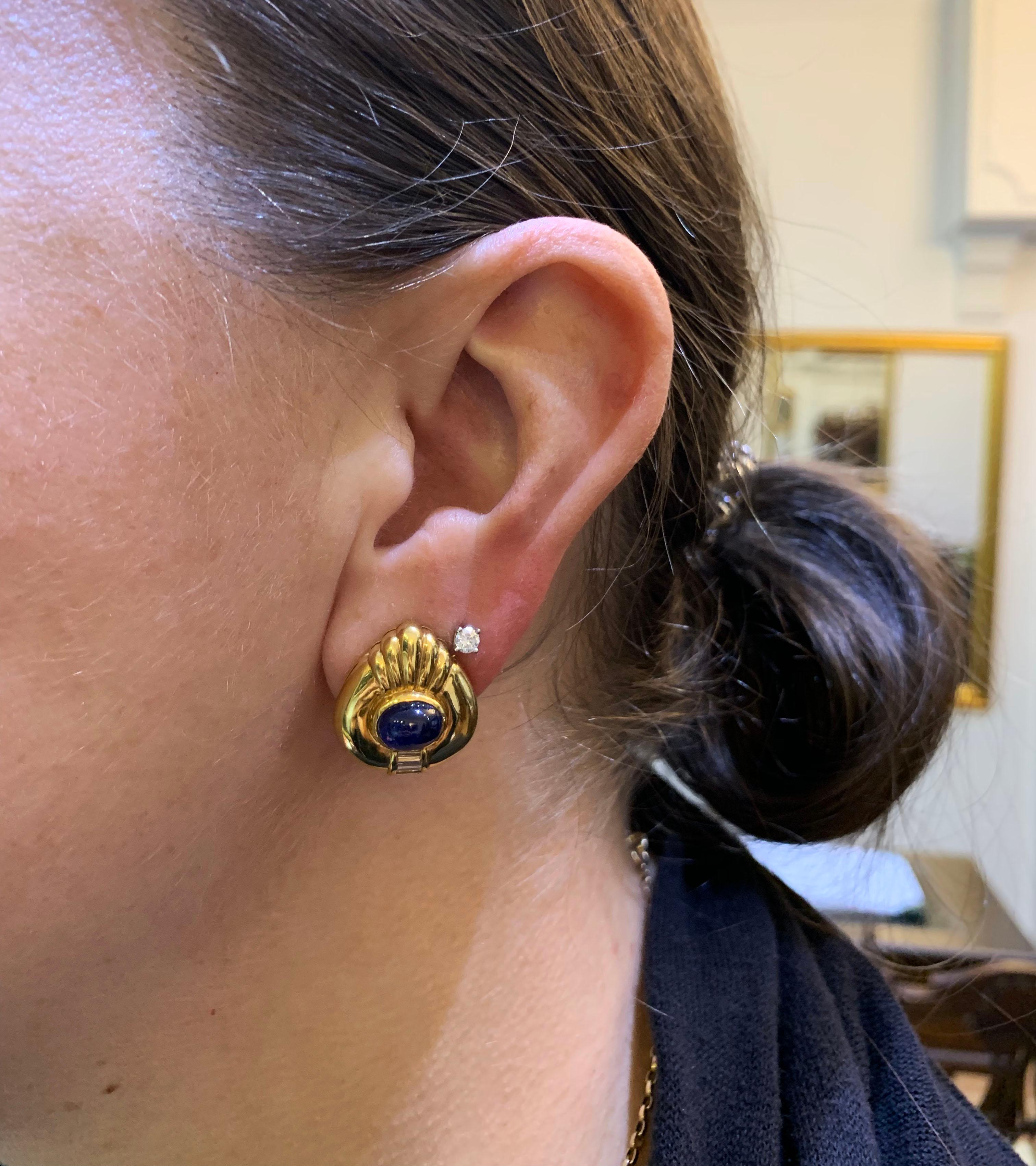 Women's Adler Cabochon Sapphire and Diamond 18 Carat Gold Cocktail Earrings, circa 1980s