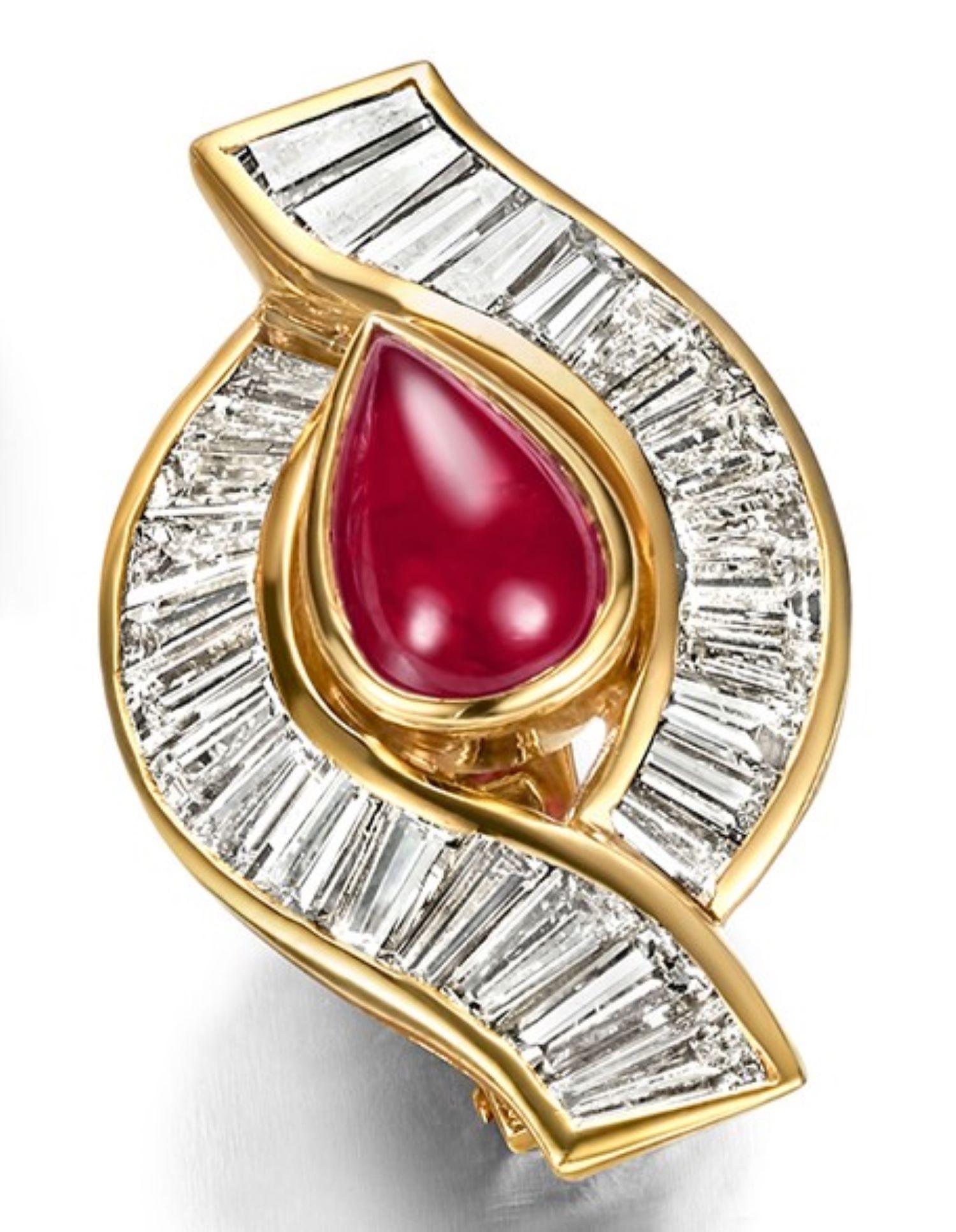 Adler Genèva Gorgeous Clip - On Earrings With 3.9 Ct  Cabochon Burma Ruby & Baguette Cut Diamonds , Estate His Majesty The Sultan Of Oman Qaboos Bin Said

One of A kind Piece of Art Earrings made to Special Order, Diamonds cut To measure !

The