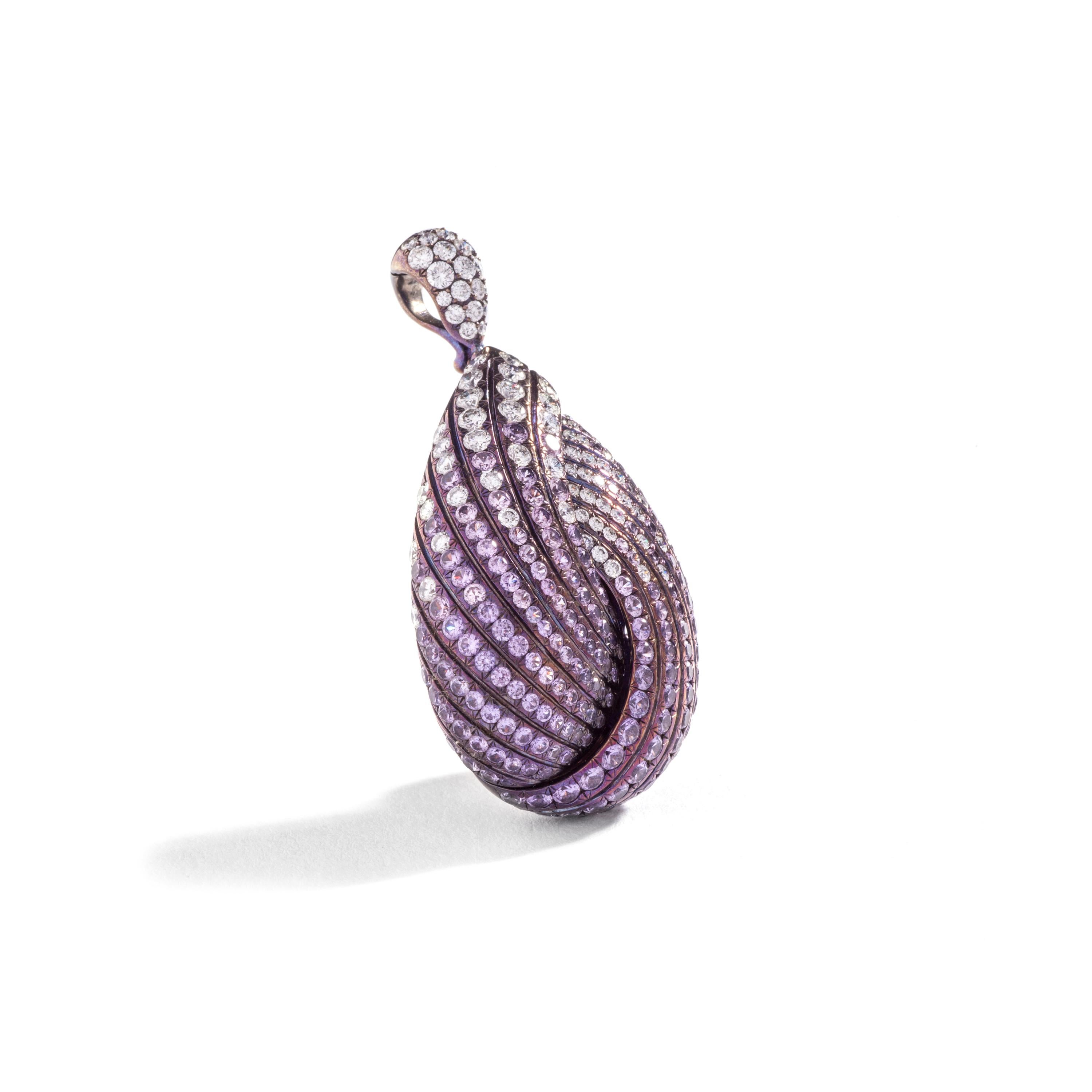 Contemporary Adler Diamond and Pink Purple Sapphire on Titanium and Gold Pendant For Sale