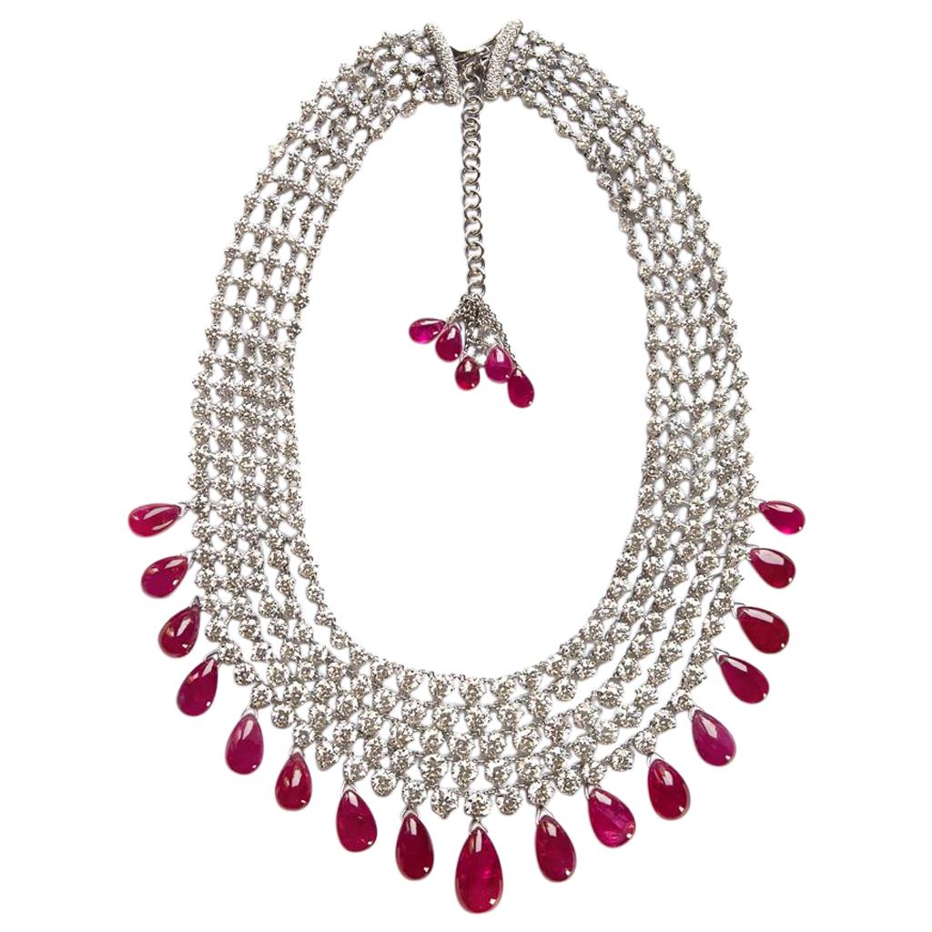 Adler Diamond and Ruby 'No Heat' Necklace AGL Certified 211 Carat Total Weight For Sale