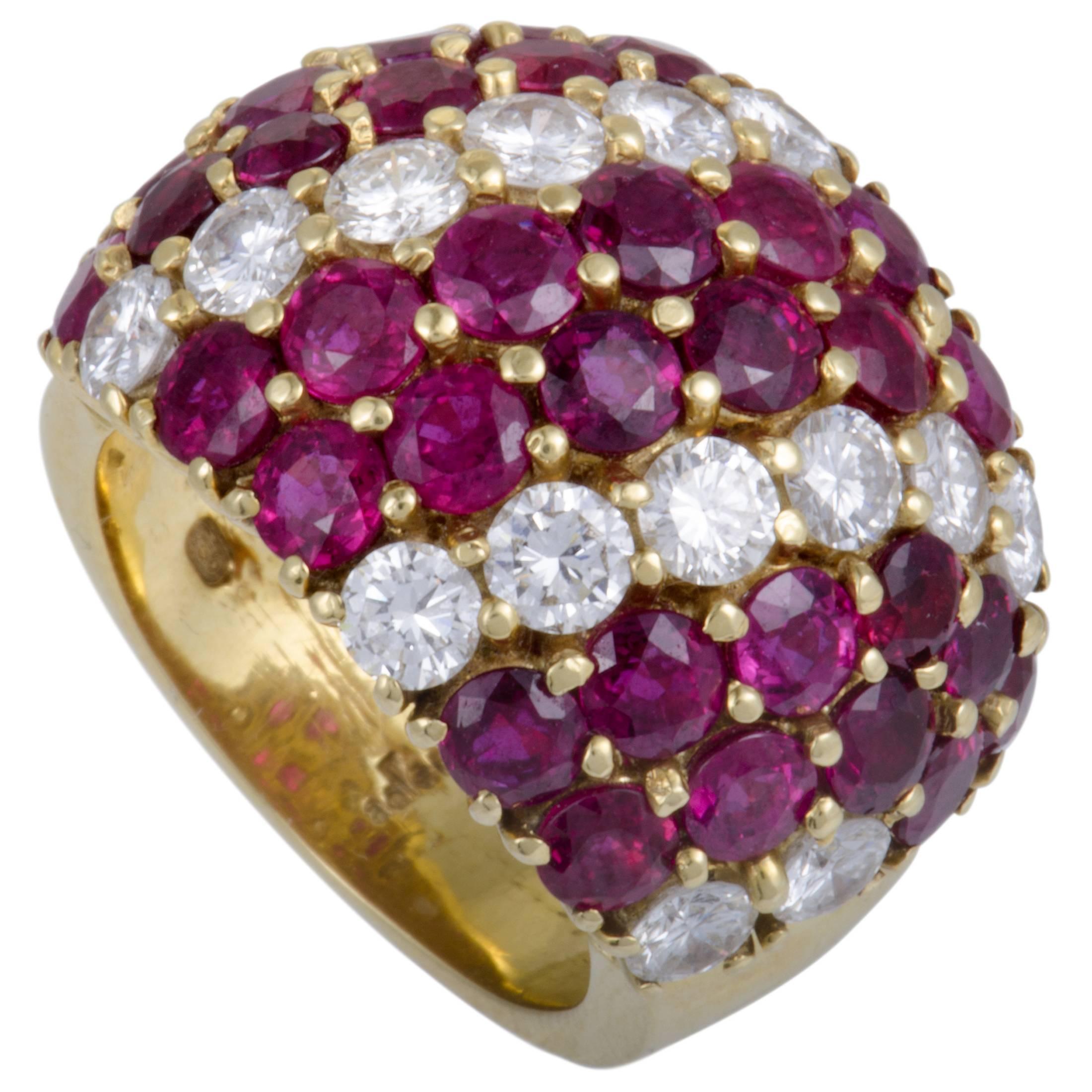 Adler Diamond and Ruby Pave Yellow Gold Bombe Ring