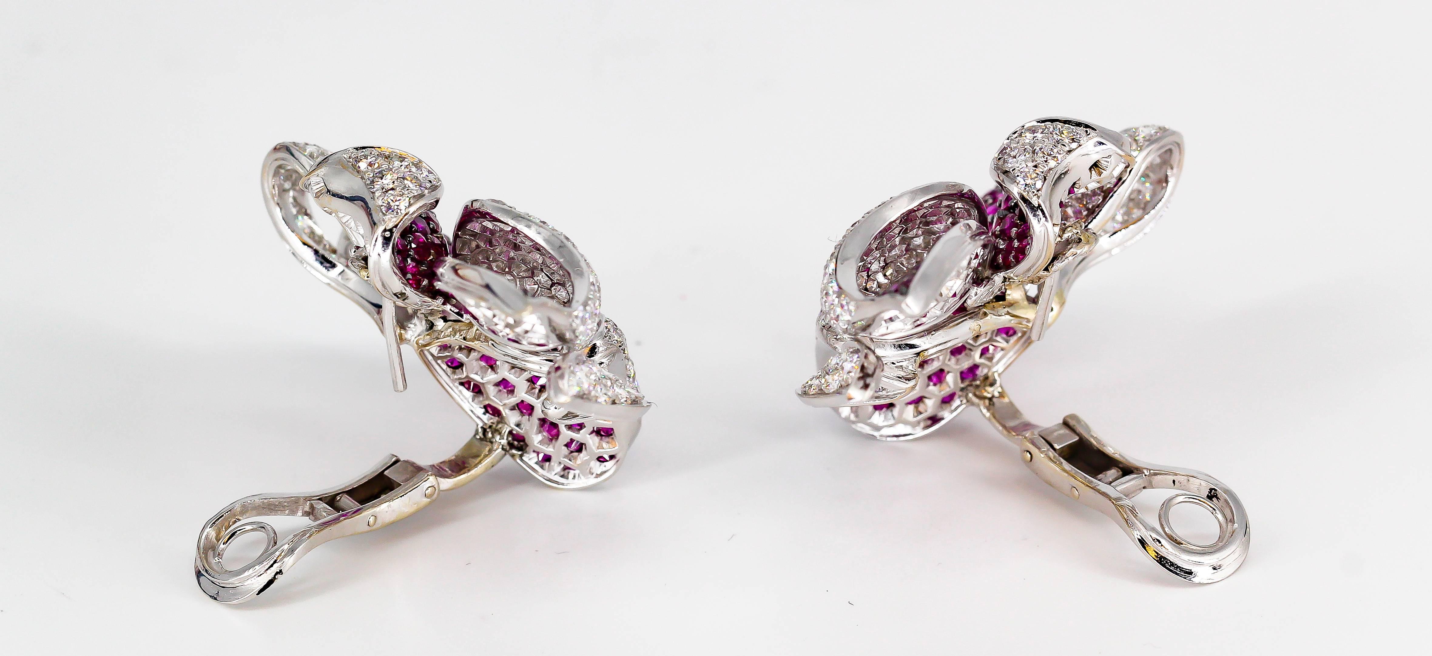 Women's Adler Diamond, Ruby and White Gold Flower Earrings