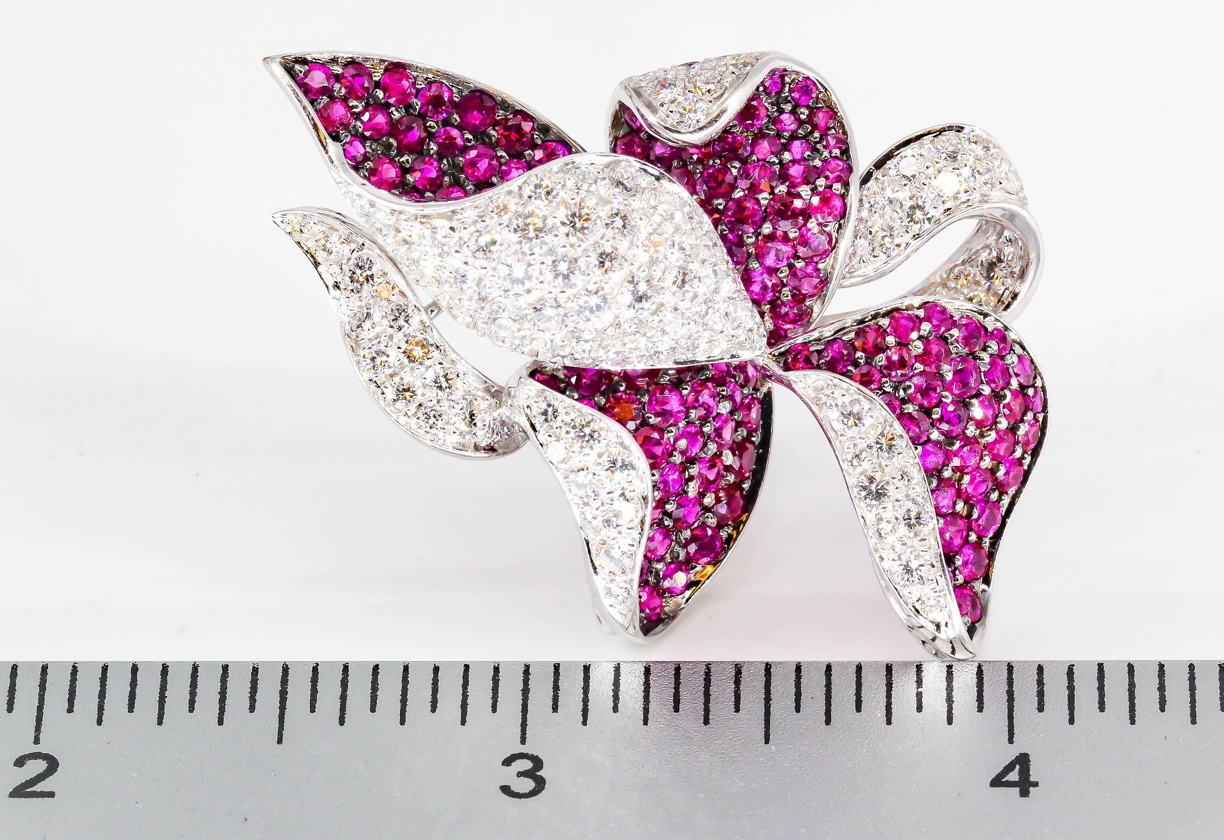 Adler Diamond, Ruby and White Gold Flower Earrings 2